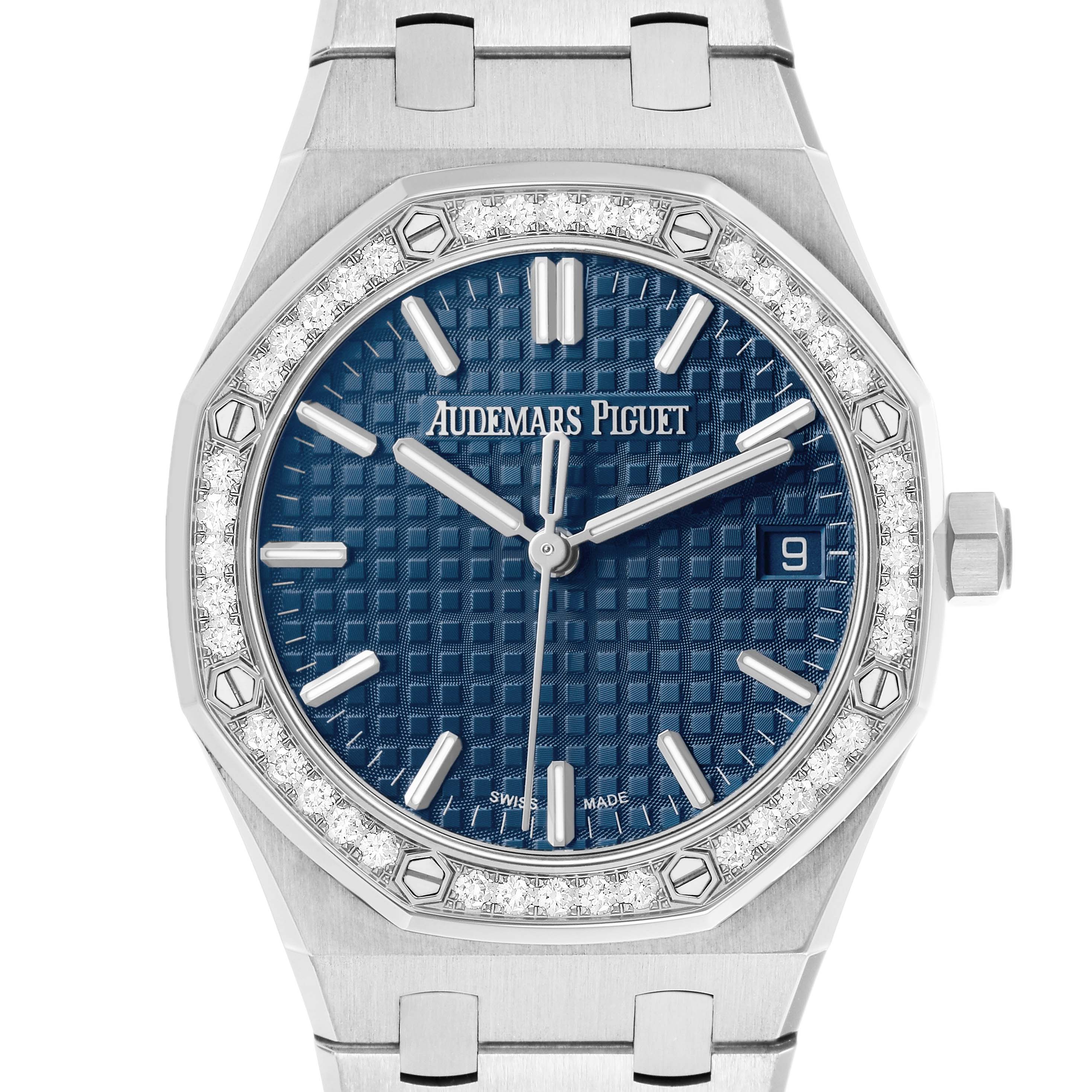 The image shows a front view of the Audemars Piguet Royal Oak 77451ST Women's Stainless Steel Blue Dial watch, highlighting the bezel, dial, hands, and bracelet.
