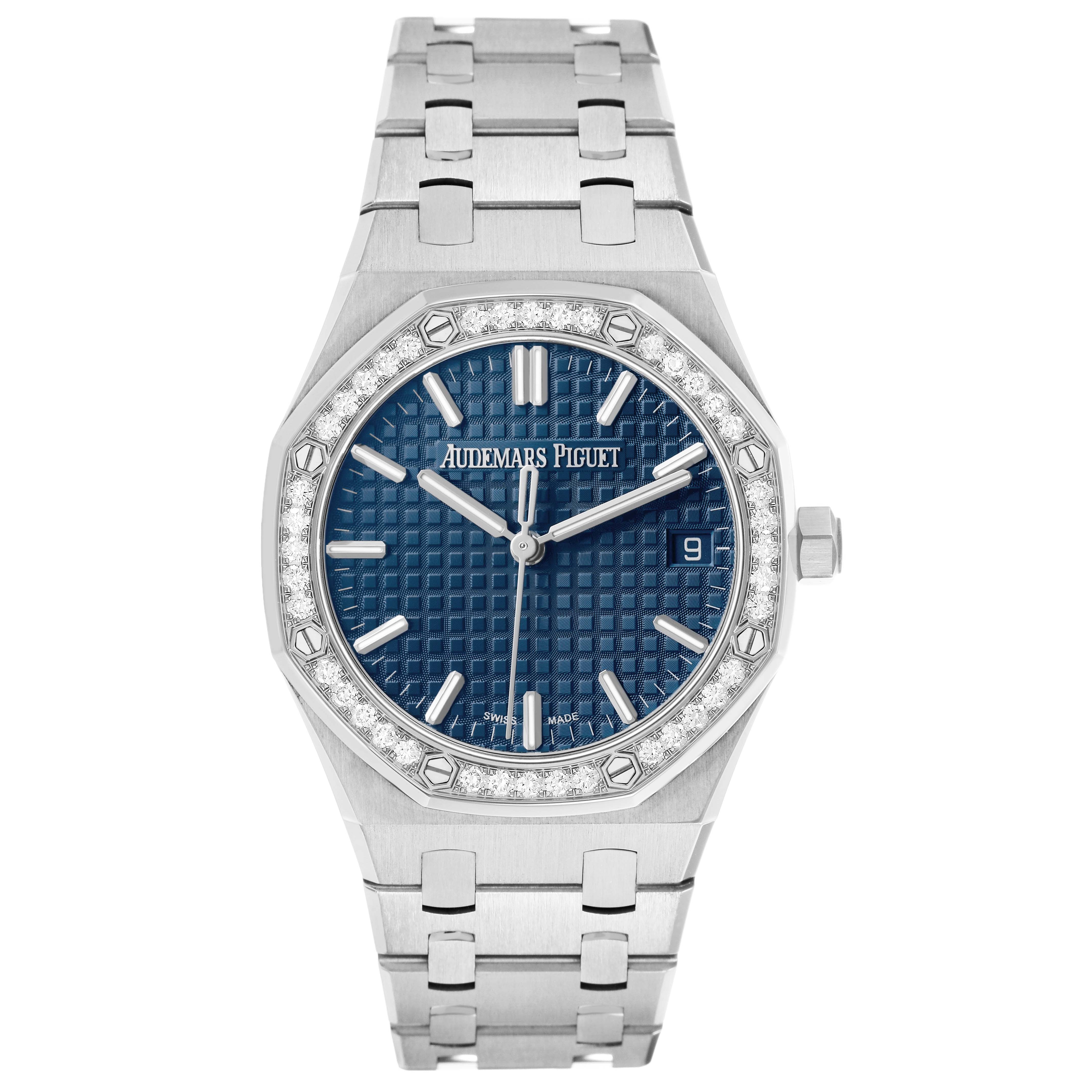 The Audemars Piguet Royal Oak 77451ST Women's Stainless Steel Blue Dial watch is shown from a front angle, highlighting its blue textured dial, octagonal bezel, and metal bracelet.