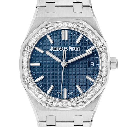 The Audemars Piguet Royal Oak 77451ST Women's Stainless Steel Blue Dial watch is shown from the front, highlighting the face, bezel, crown, and upper bracelet links.