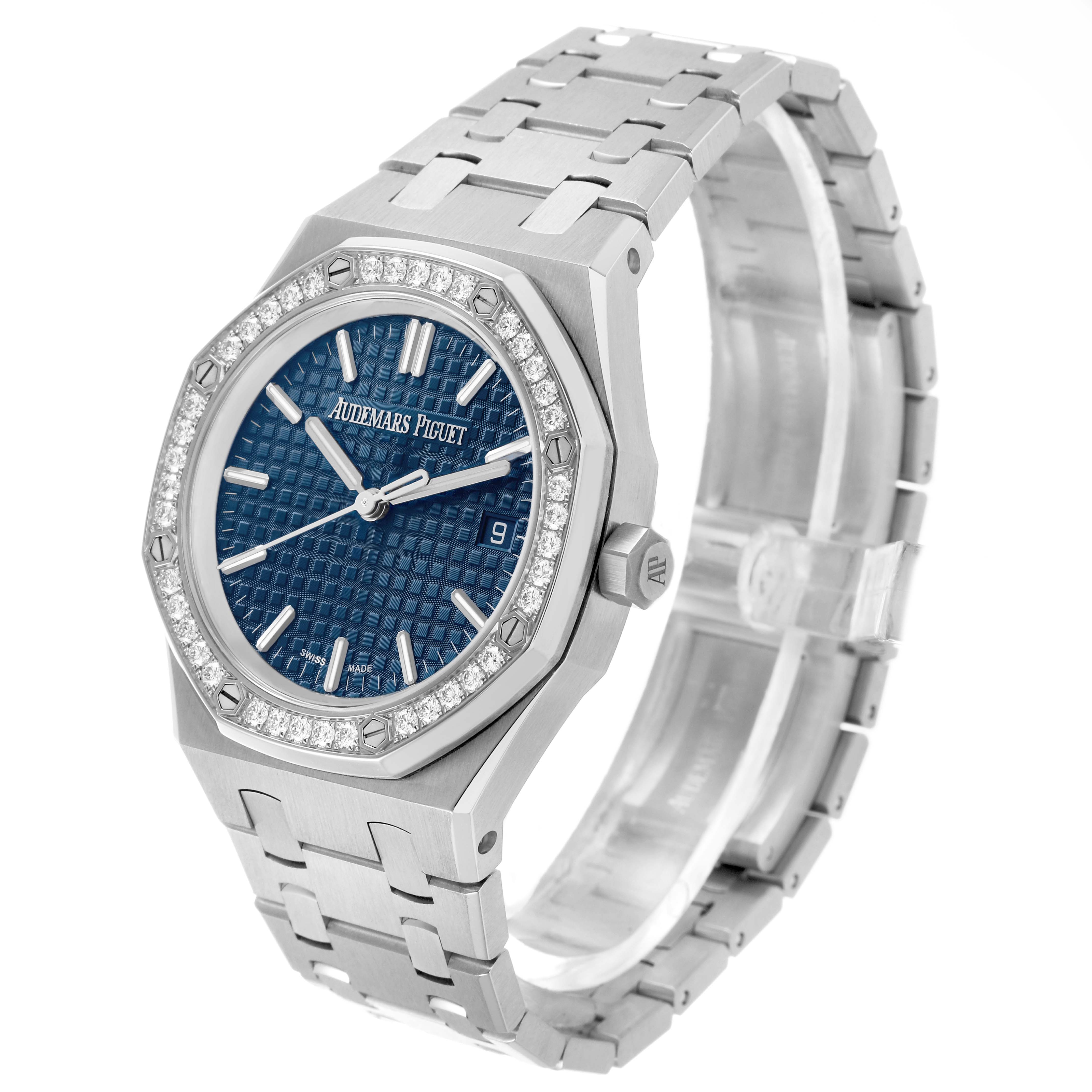 The Audemars Piguet Royal Oak 77451ST Women's Stainless Steel Blue Dial watch is shown from an angled side view, highlighting the face, bezel, and bracelet.