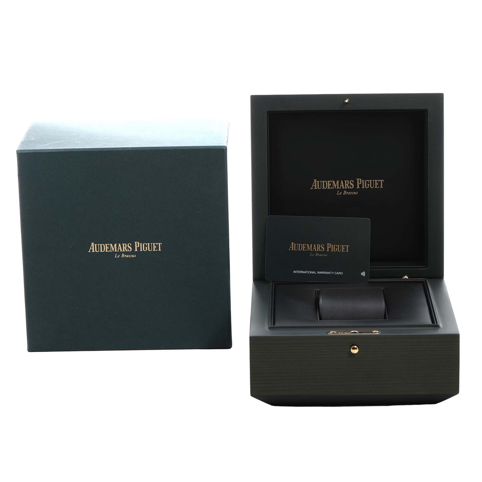 The image shows the Audemars Piguet Royal Oak 77451ST Women's Stainless Steel Blue Dial watch box open, displaying the warranty card and packaging.