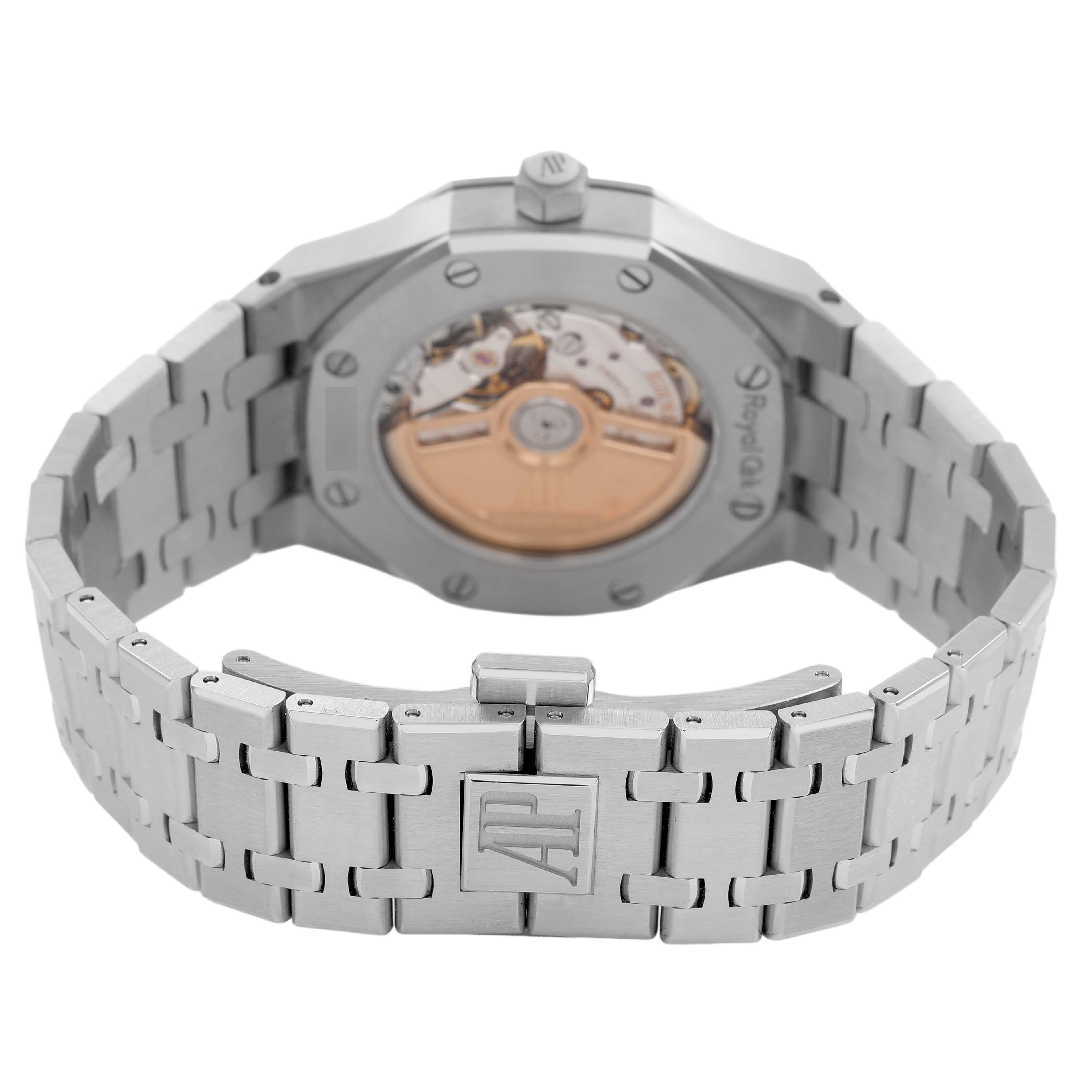 The image shows the back view of an Audemars Piguet Royal Oak 77451ST Women's Stainless Steel Blue Dial, highlighting the bracelet, transparent case back, and clasp.