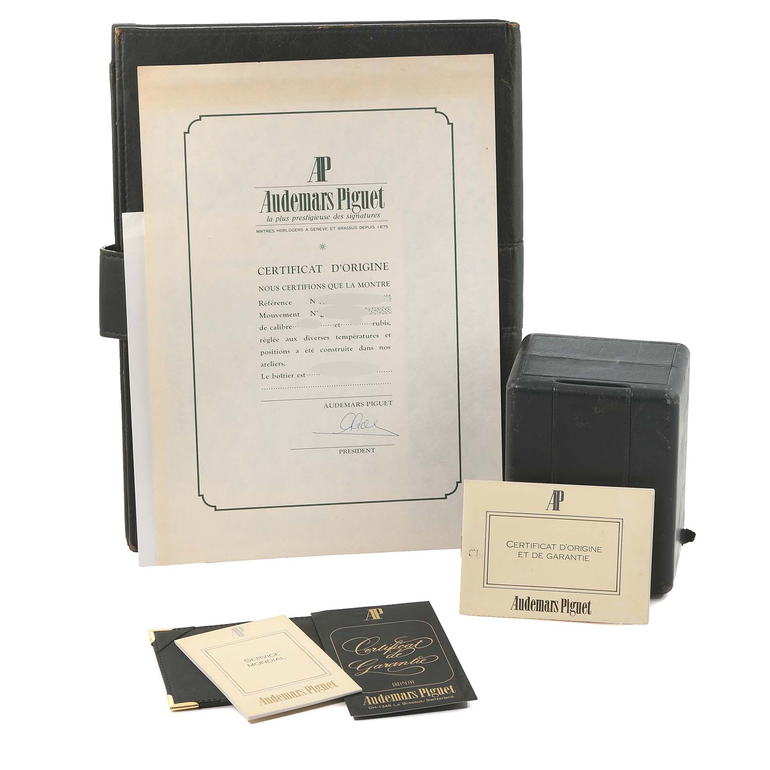 The image shows the original certificate, warranty card, and packaging for an Audemars Piguet Royal Oak 56023SA Men's Stainless Steel Grey Dial 56023SA Men's Stainless Steel Grey Dial watch.