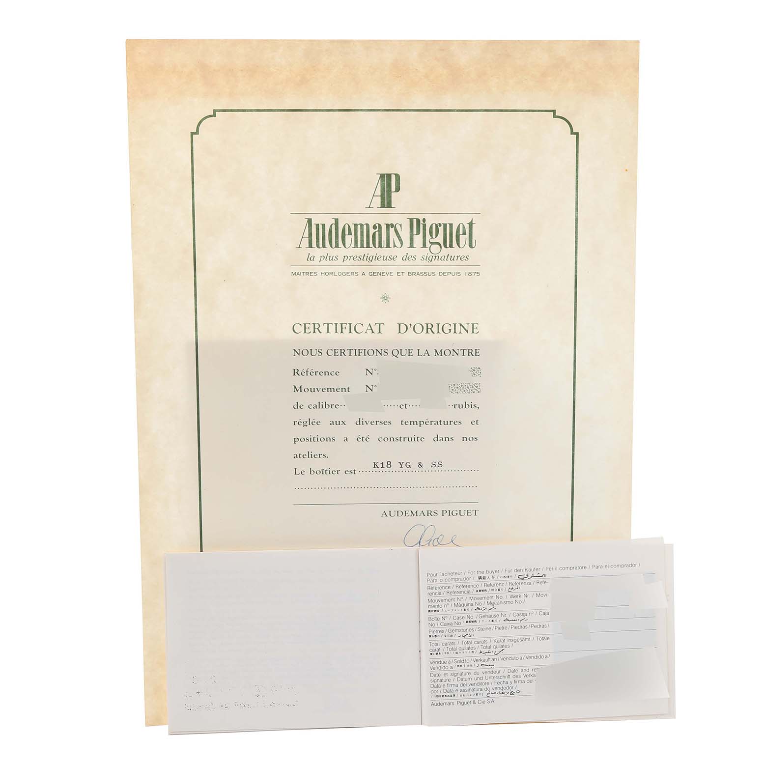 The image shows the certificate of origin and accompanying documentation for an Audemars Piguet Royal Oak 56023SA Men's Stainless Steel Grey Dial 56023SA Men's Stainless Steel Grey Dial watch, viewed from a straight angle.