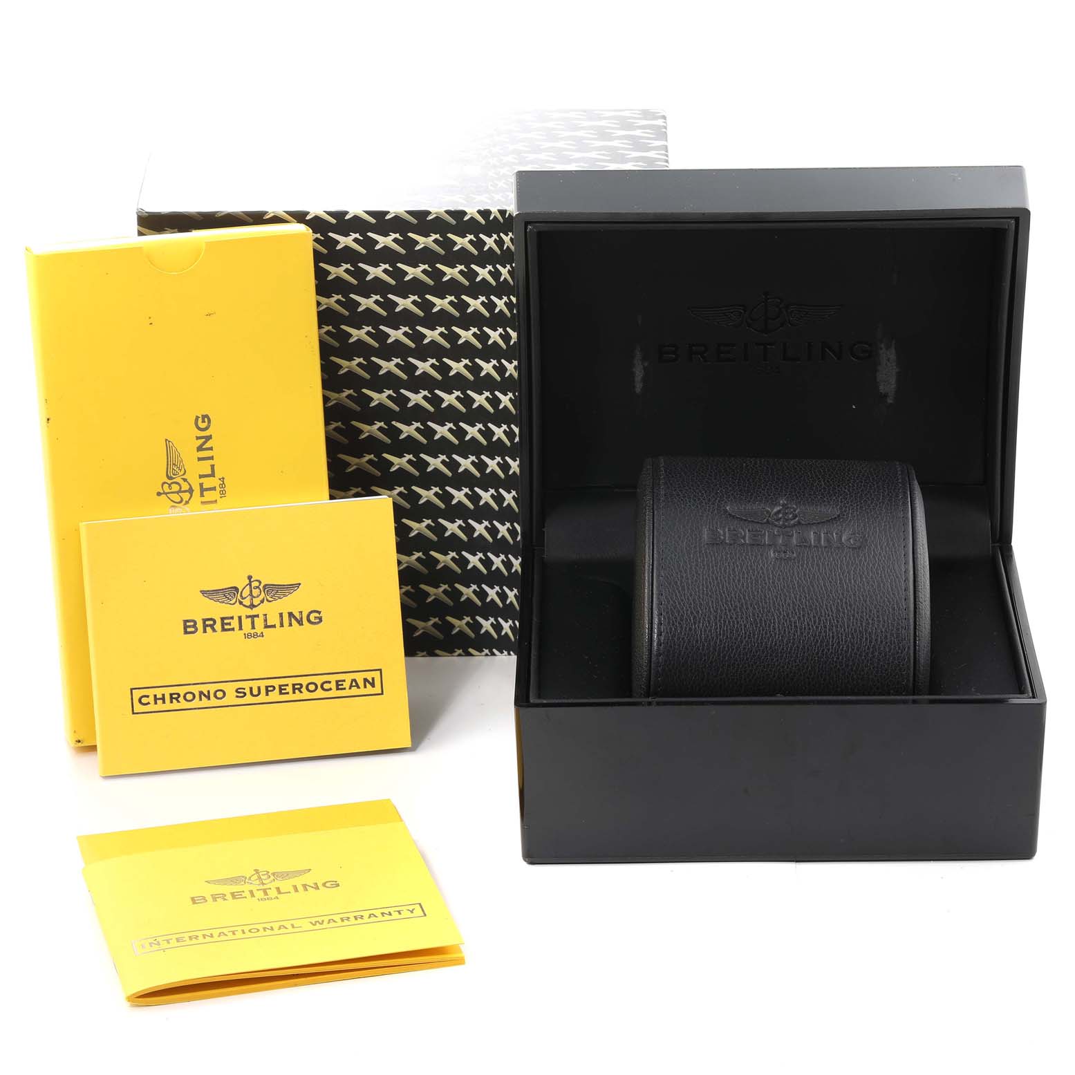 The image shows the Breitling Superocean A13340 Men's Stainless Steel Beige Dial A13340 Men's Stainless Steel Beige Dial watch packaging, including the watch box, manuals, and warranty booklets at a frontal angle.