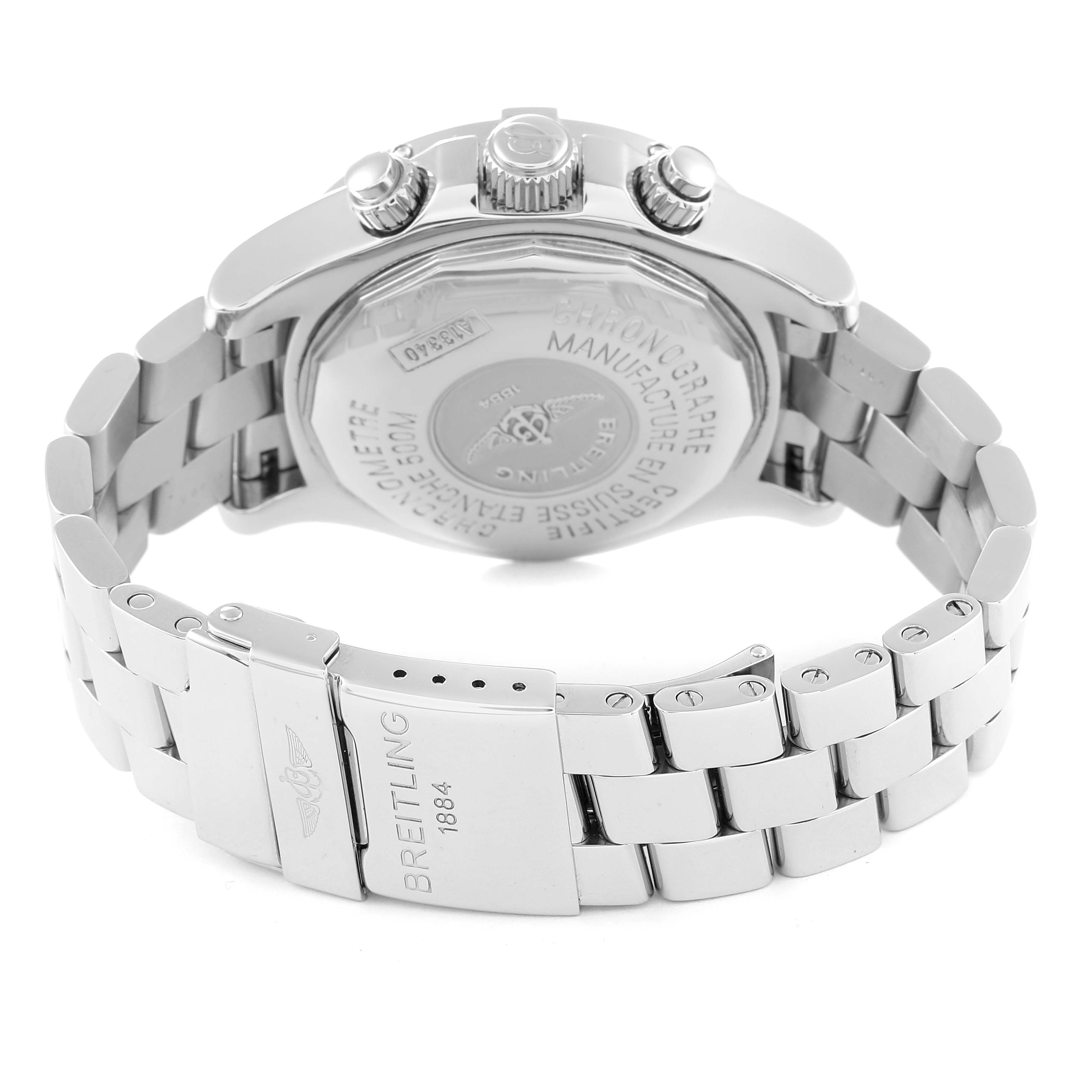 The photo shows the back view of a Breitling Superocean A13340 Men's Stainless Steel Beige Dial A13340 Men's Stainless Steel Beige Dial watch, focusing on the case back and stainless steel bracelet clasp.