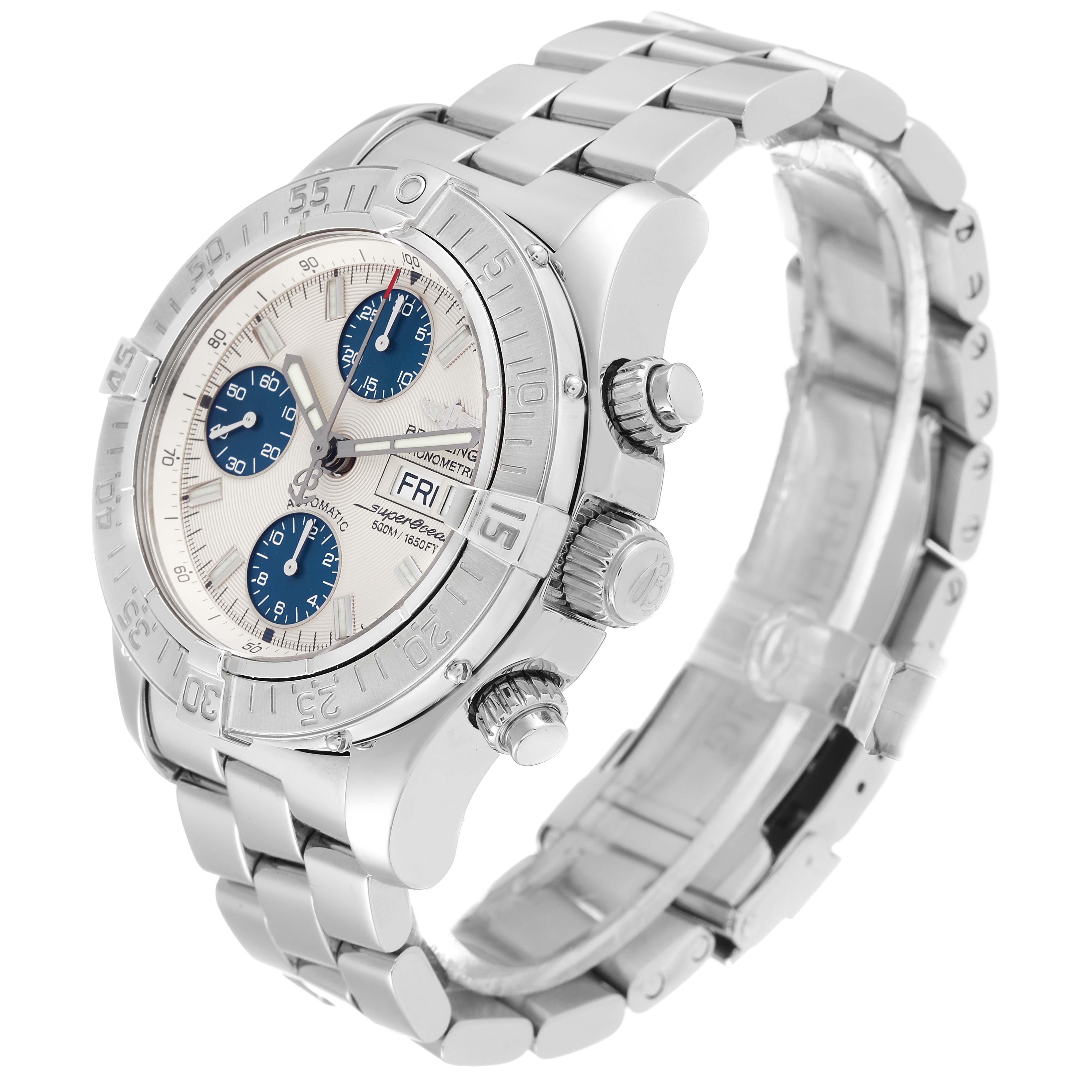 The Breitling Superocean A13340 Men's Stainless Steel Beige Dial A13340 Men's Stainless Steel Beige Dial watch is shown from a three-quarter angle, highlighting its face, bezel, buttons, and metal bracelet.