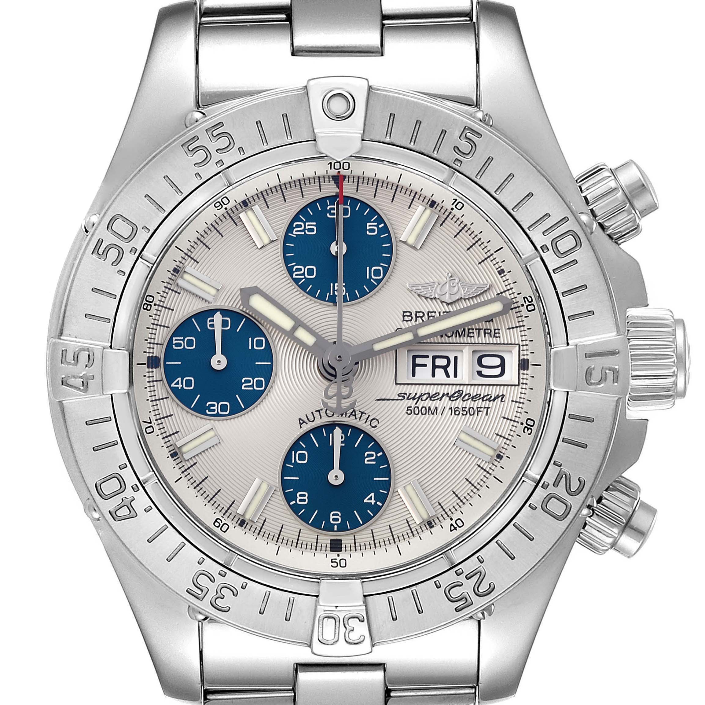 The image shows a front view of the Breitling Superocean A13340 Men's Stainless Steel Beige Dial A13340 Men's Stainless Steel Beige Dial watch, highlighting its face, bezel, and parts of the bracelet and crown.