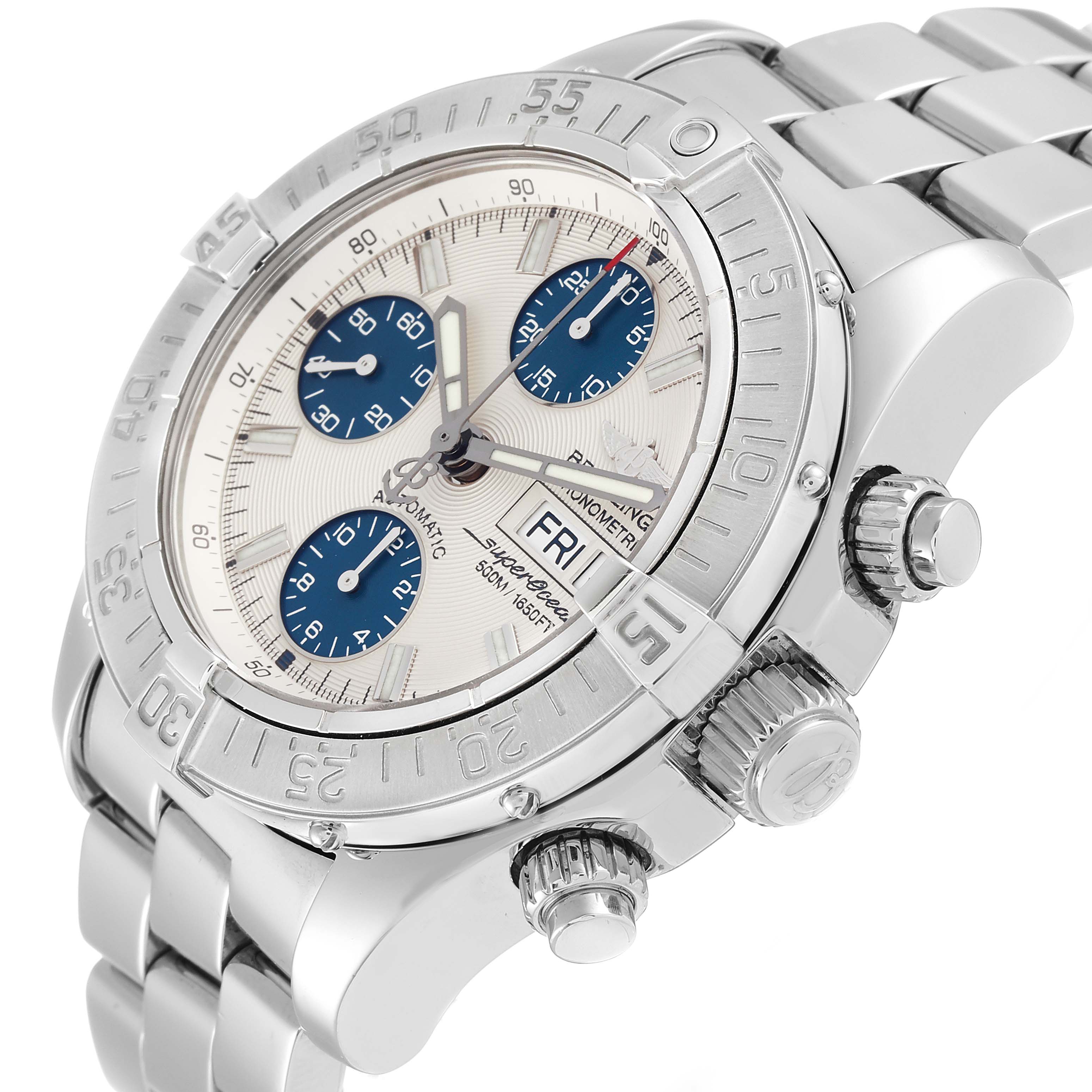 The image shows a Breitling Superocean A13340 Men's Stainless Steel Beige Dial A13340 Men's Stainless Steel Beige Dial watch at an angled view, highlighting the face, bezel, and stainless steel bracelet.