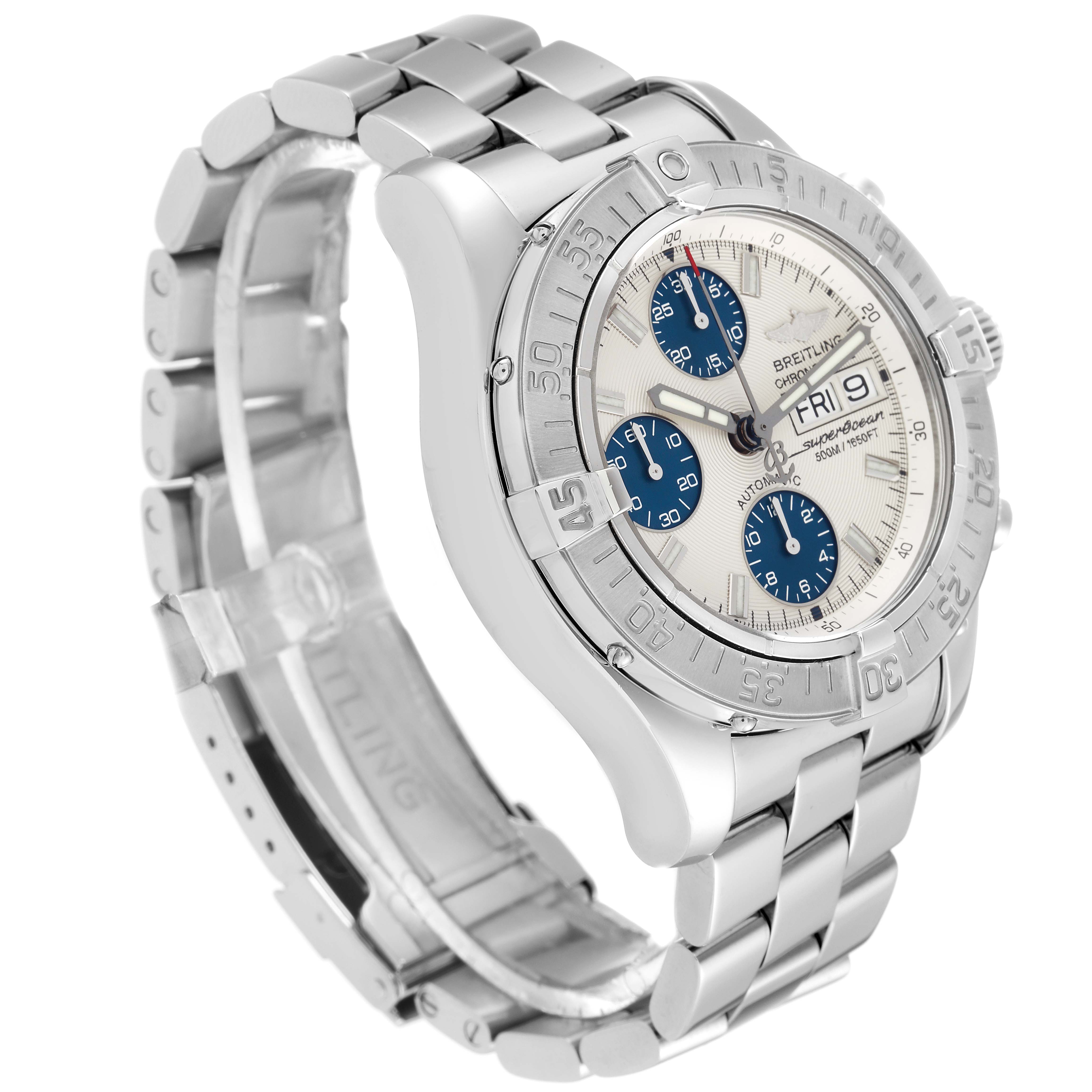 This image shows a side and partial front view of a Breitling Superocean A13340 Men's Stainless Steel Beige Dial A13340 Men's Stainless Steel Beige Dial watch, highlighting the dial, bezel, and bracelet.