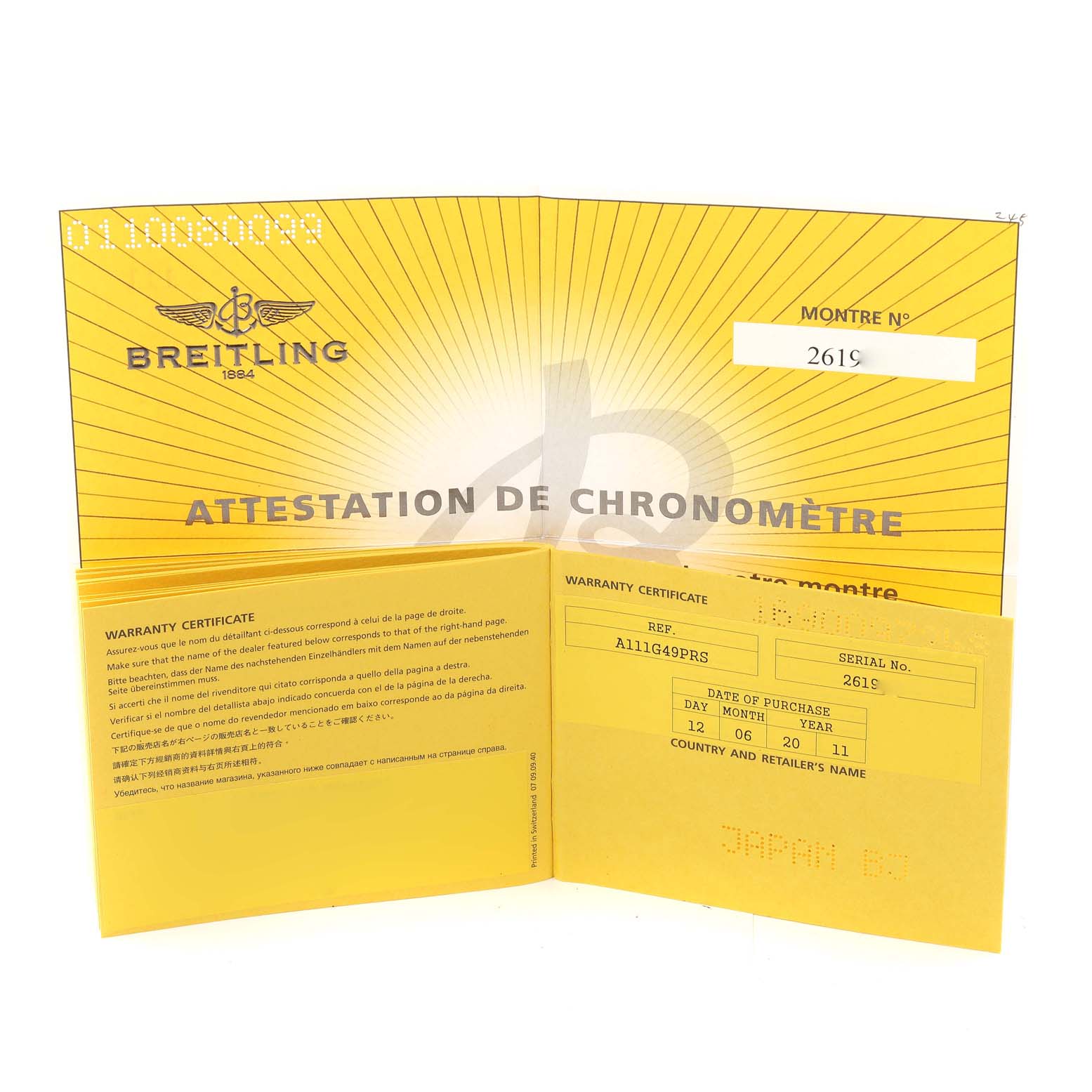 The image shows the warranty certificate and chronometer attestation for the Breitling Superocean A13340 Men's Stainless Steel Beige Dial A13340 Men's Stainless Steel Beige Dial watch model.