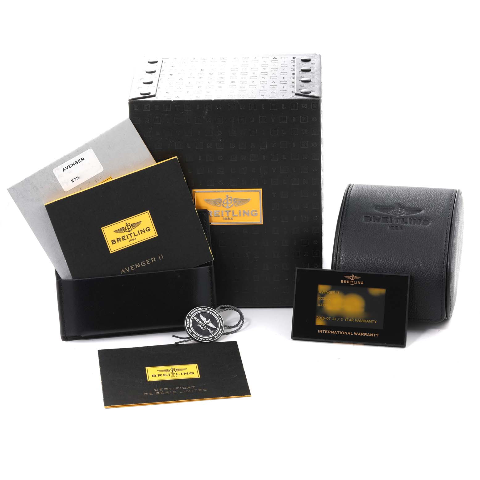 The image shows packaging and accessories for the Breitling Avenger A13381 Men's Stainless Steel White Dial A13381 Men's Stainless Steel White Dial II, including manuals, warranty cards, tags, and watch cases.