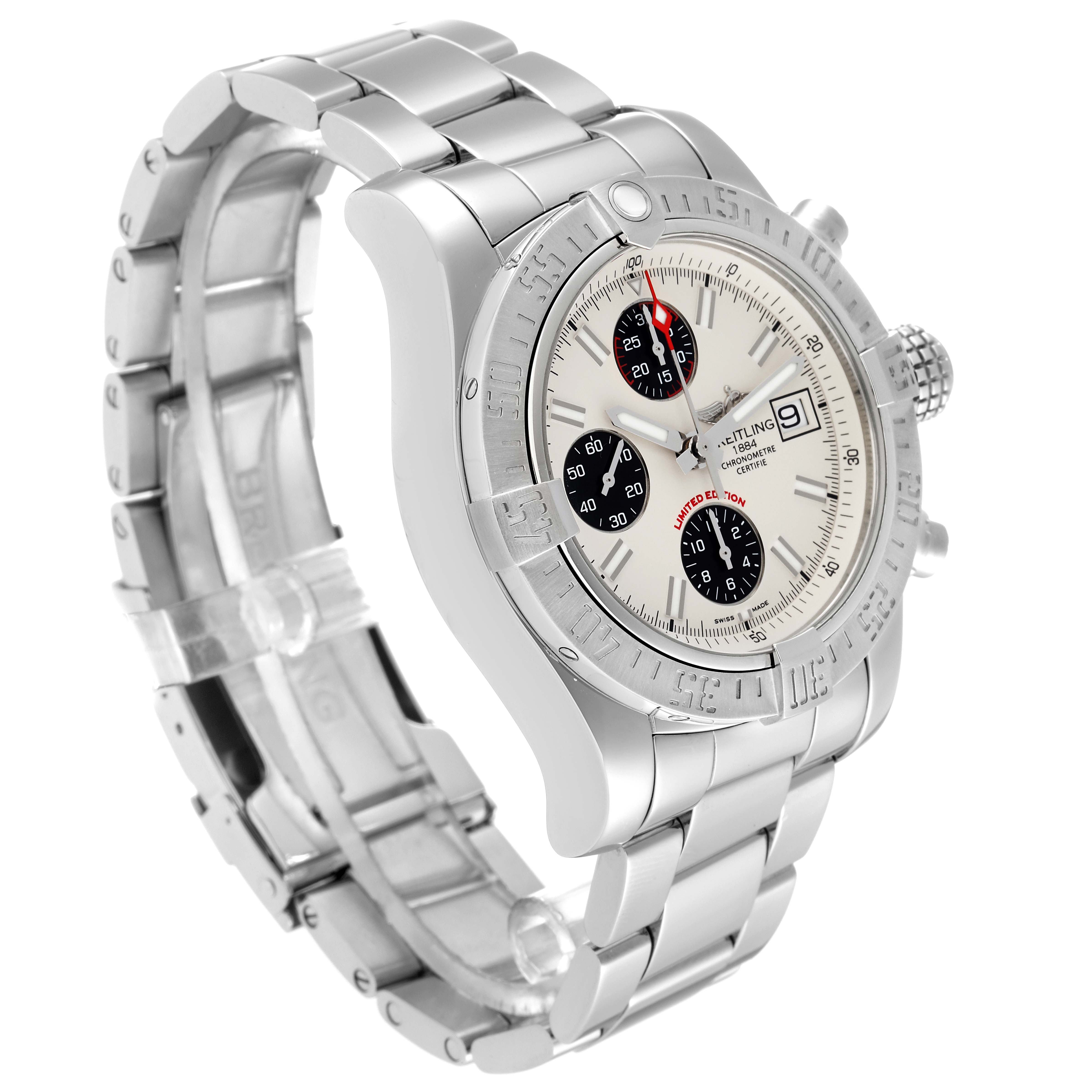 The image shows a Breitling Avenger A13381 Men's Stainless Steel White Dial A13381 Men's Stainless Steel White Dial model watch at an angled side view, displaying its stainless steel case, bezel, and bracelet.