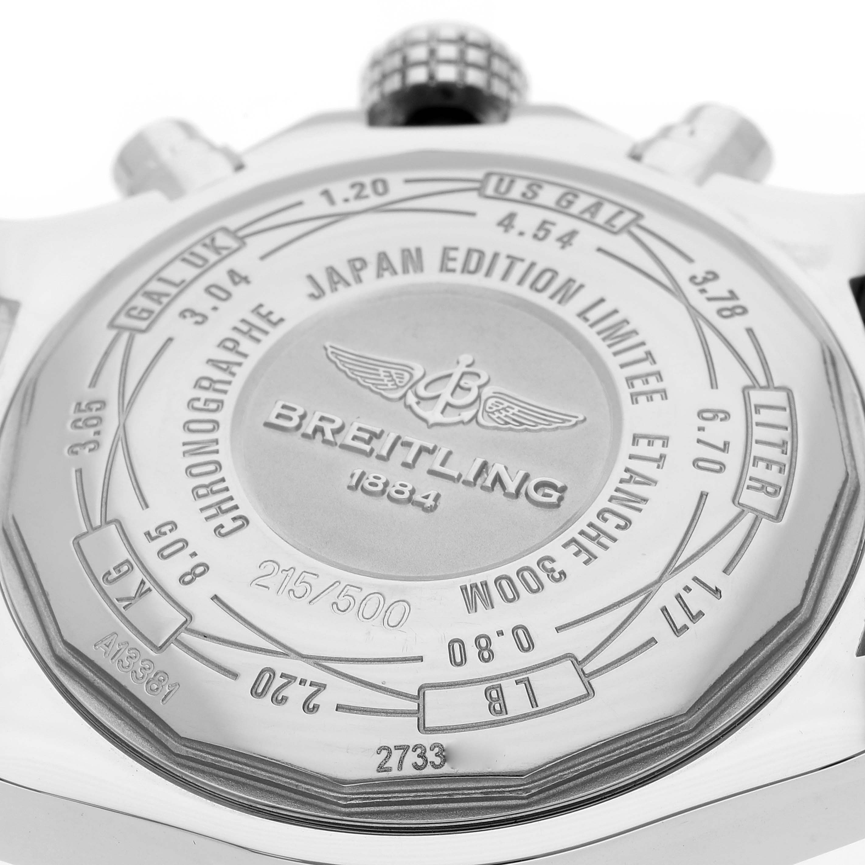 The image shows the back of a Breitling Avenger A13381 Men's Stainless Steel White Dial A13381 Men's Stainless Steel White Dial Japan Edition watch, displaying its engraved details.
