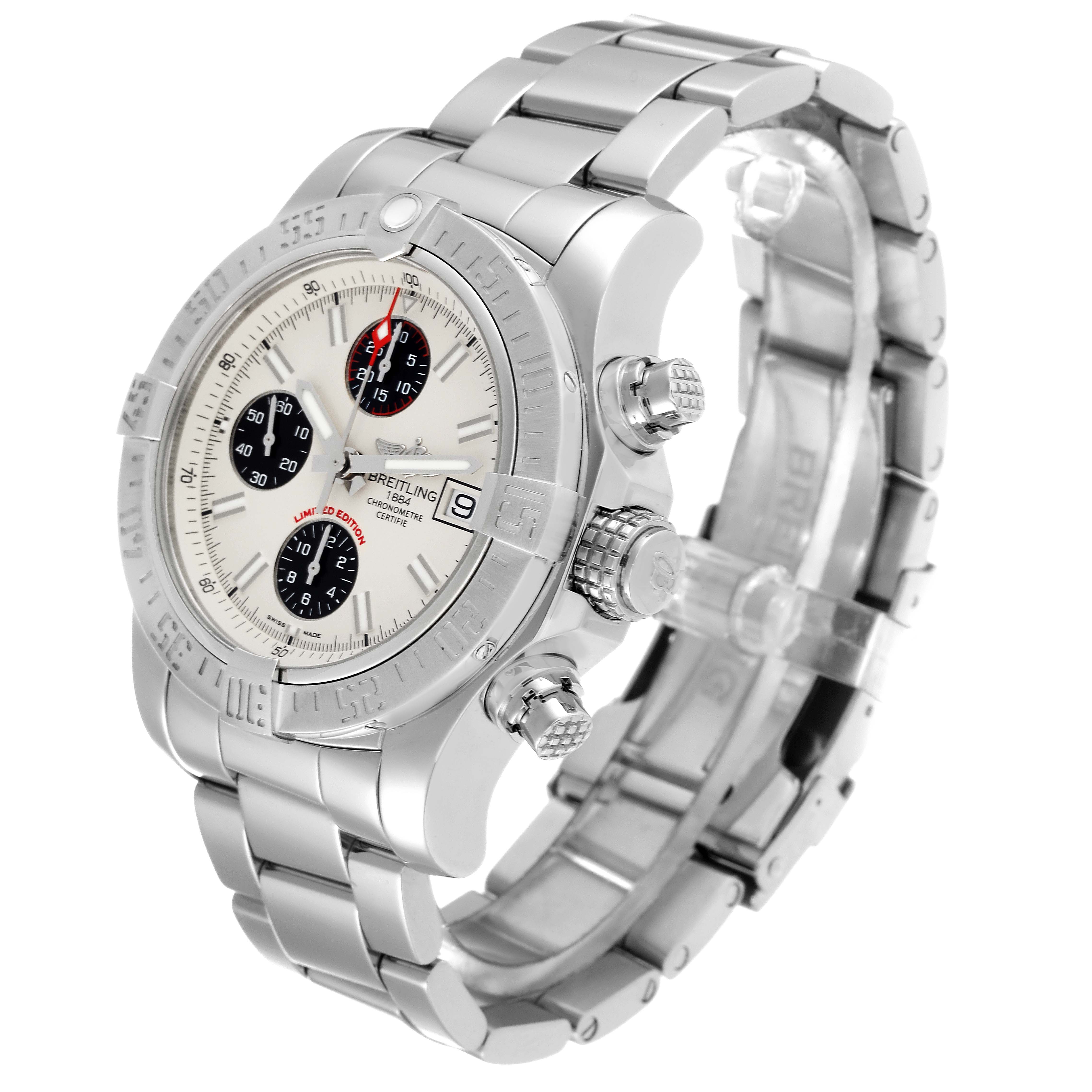 The image shows a Breitling Avenger A13381 Men's Stainless Steel White Dial A13381 Men's Stainless Steel White Dial watch at a three-quarter angle, highlighting the dial, bezel, crown, and steel bracelet.
