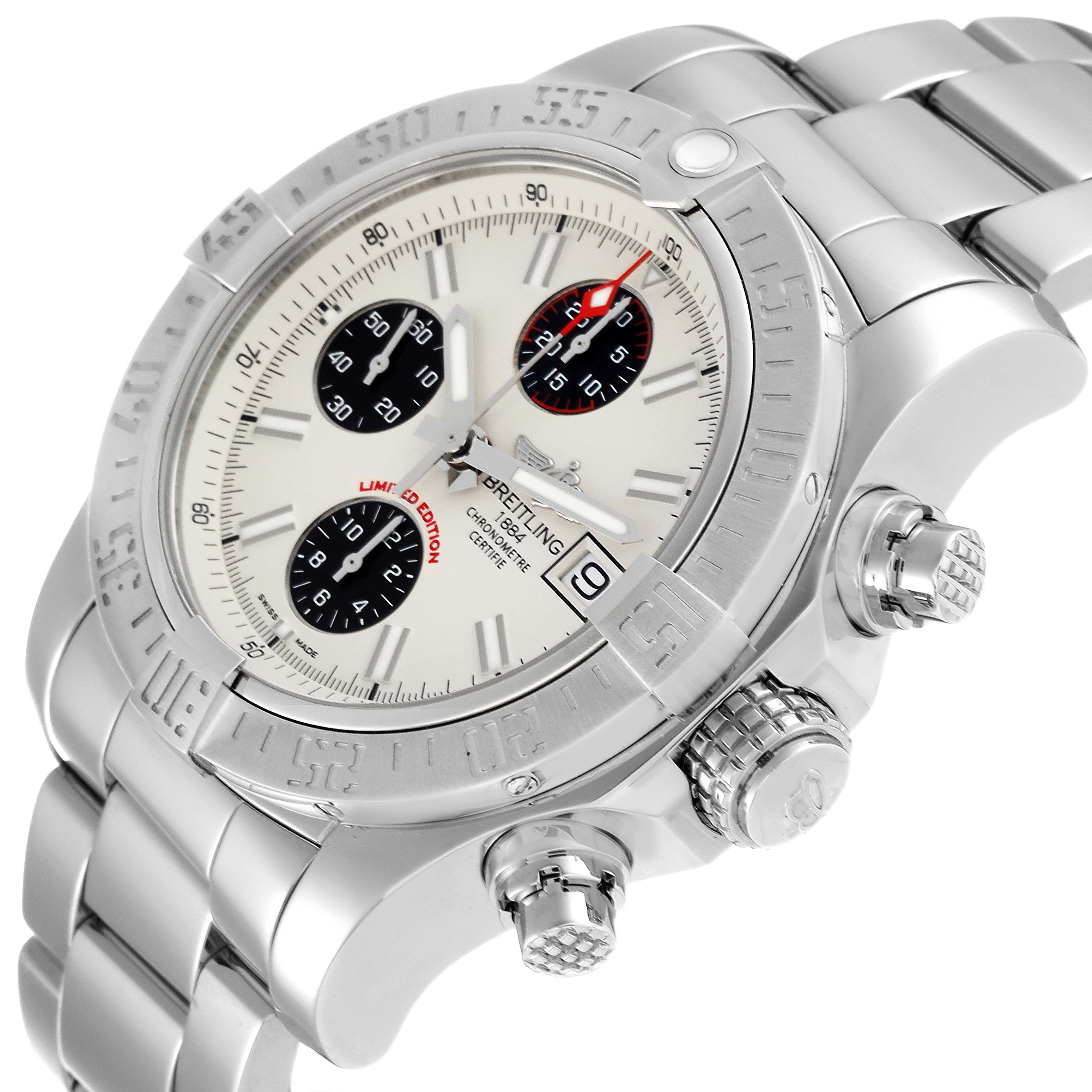 This image shows a close-up view of the Breitling Avenger A13381 Men's Stainless Steel White Dial A13381 Men's Stainless Steel White Dial watch, highlighting its dial, bezel, crown, and stainless steel bracelet.