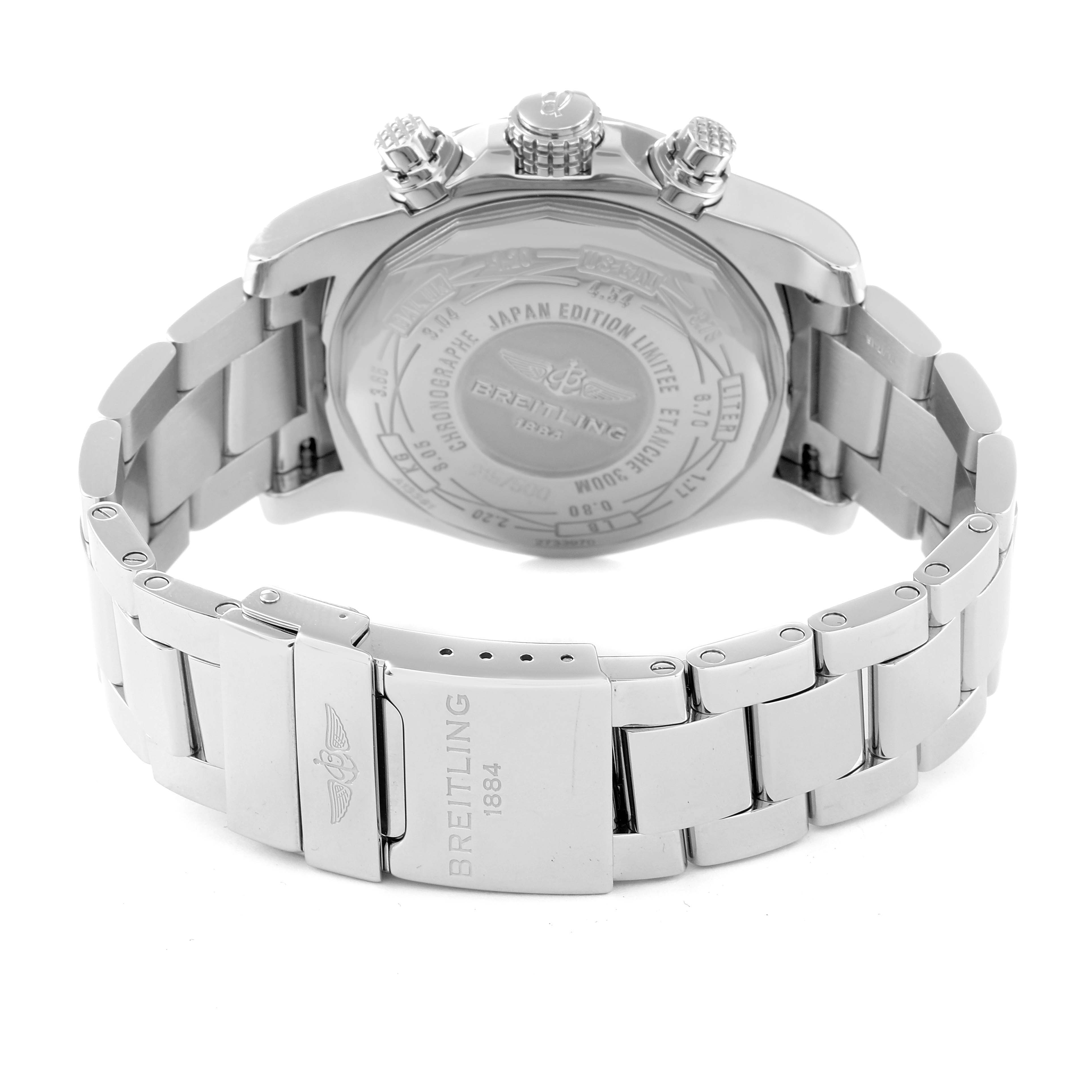 The image shows the back view of a Breitling Avenger A13381 Men's Stainless Steel White Dial A13381 Men's Stainless Steel White Dial watch, highlighting its case back and metal bracelet.