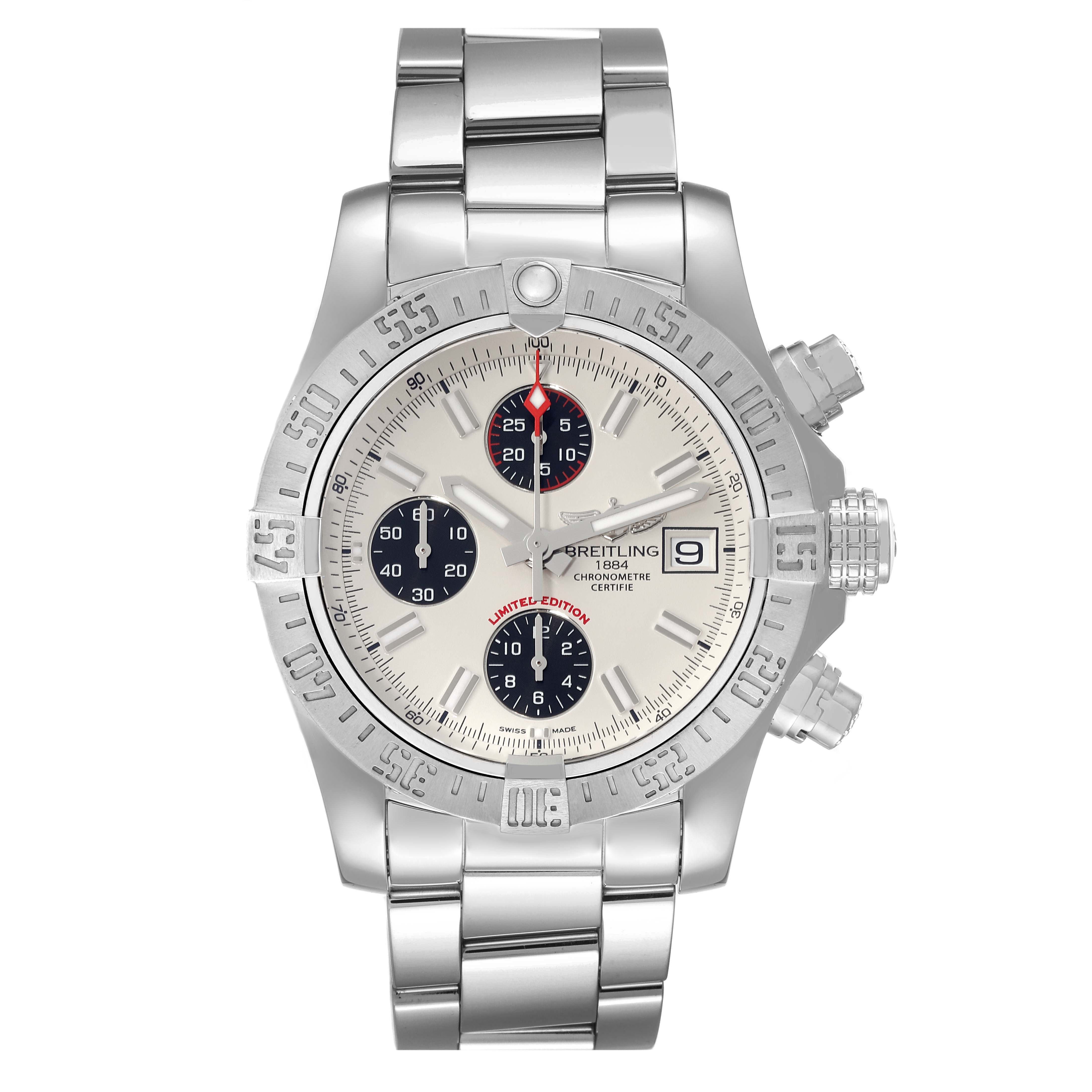 The Breitling Avenger A13381 Men's Stainless Steel White Dial A13381 Men's Stainless Steel White Dial watch is shown from a front angle, displaying its face, bezel, and metal bracelet.