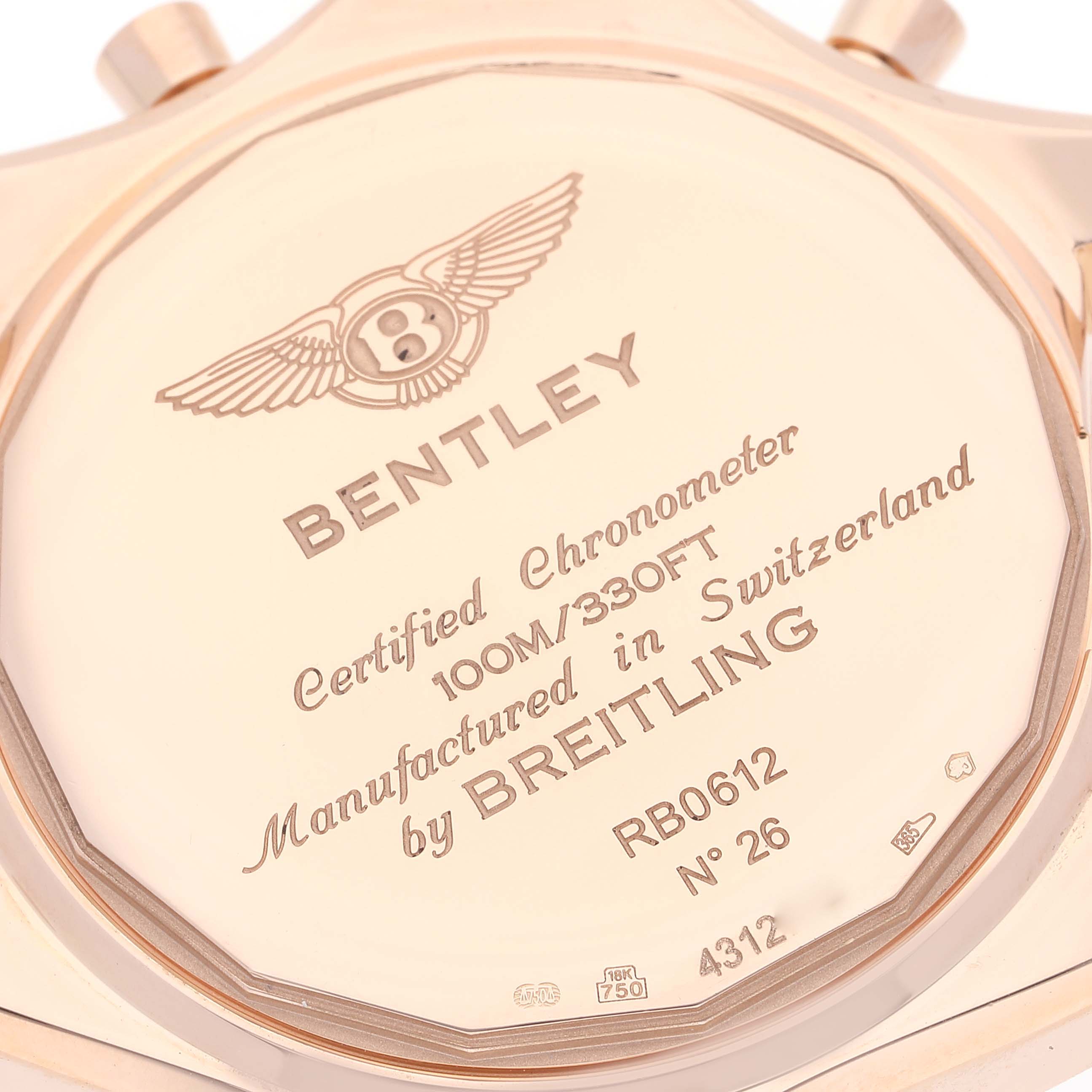 This image displays the back case of a Bentley model watch by Breitling at a slight angle, showcasing brand engravings and specifications.