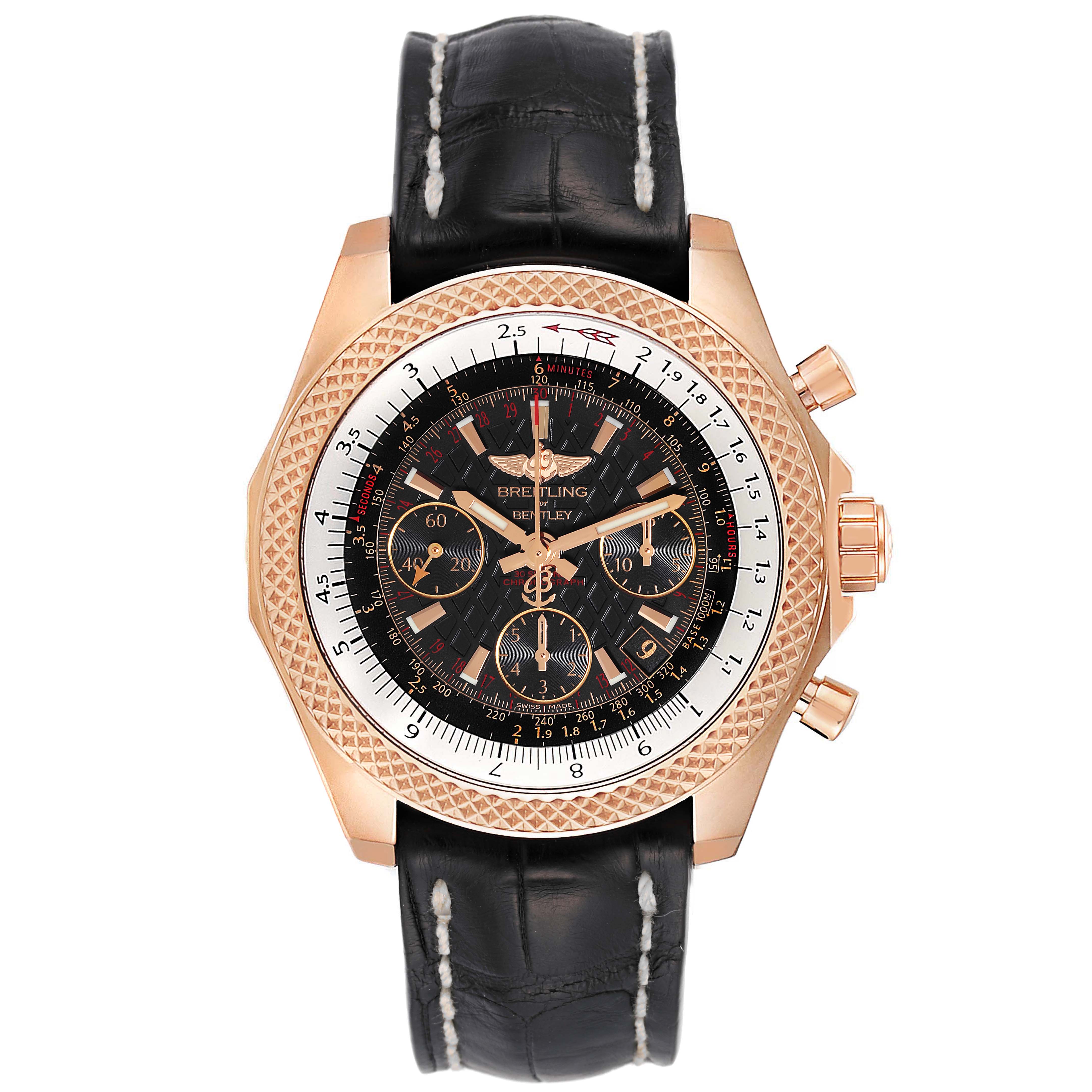 The image shows a front view of a Breitling Bentley RB061221/BE24-743P Men's Rose Gold Black Dial RB061221/BE24-743P Men's Rose Gold Black Dial watch, displaying the dial, bezel, crown, and black leather strap.