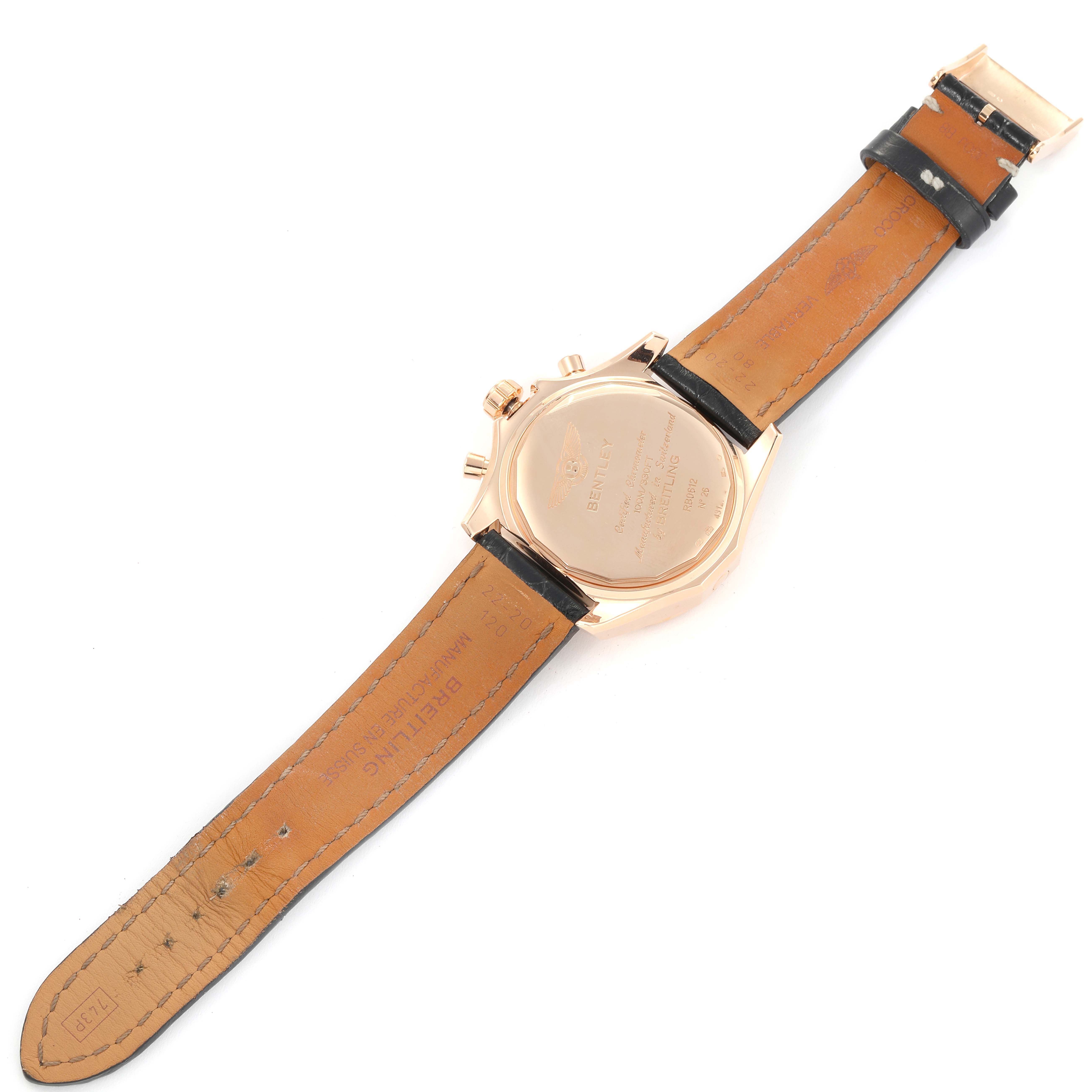 The image shows the back and strap of a Bentley model watch by Breitling, viewed laid flat.