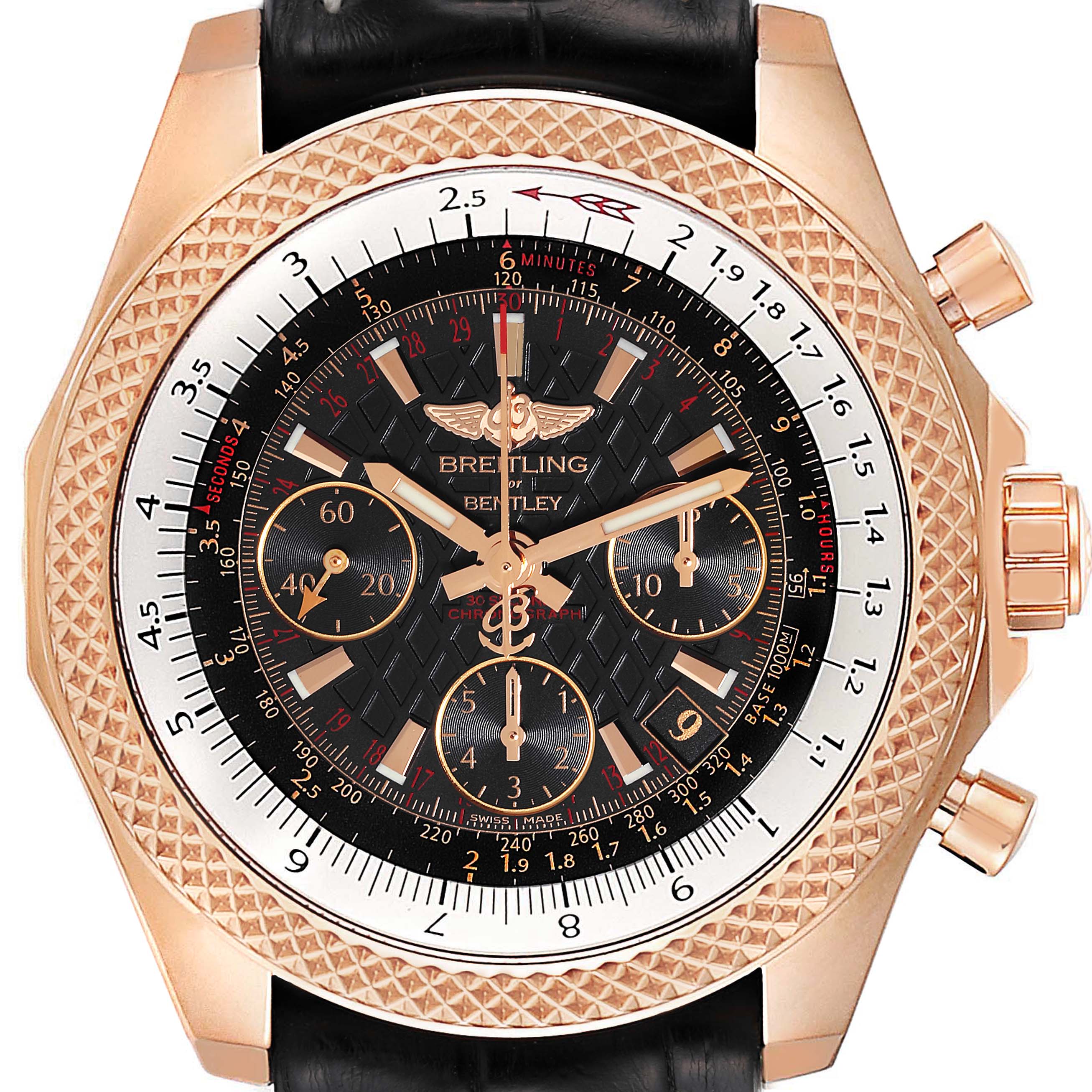 The image shows a close-up front view of a Breitling Bentley RB061221/BE24-743P Men's Rose Gold Black Dial RB061221/BE24-743P Men's Rose Gold Black Dial watch featuring its face, bezel, and chronograph dials.