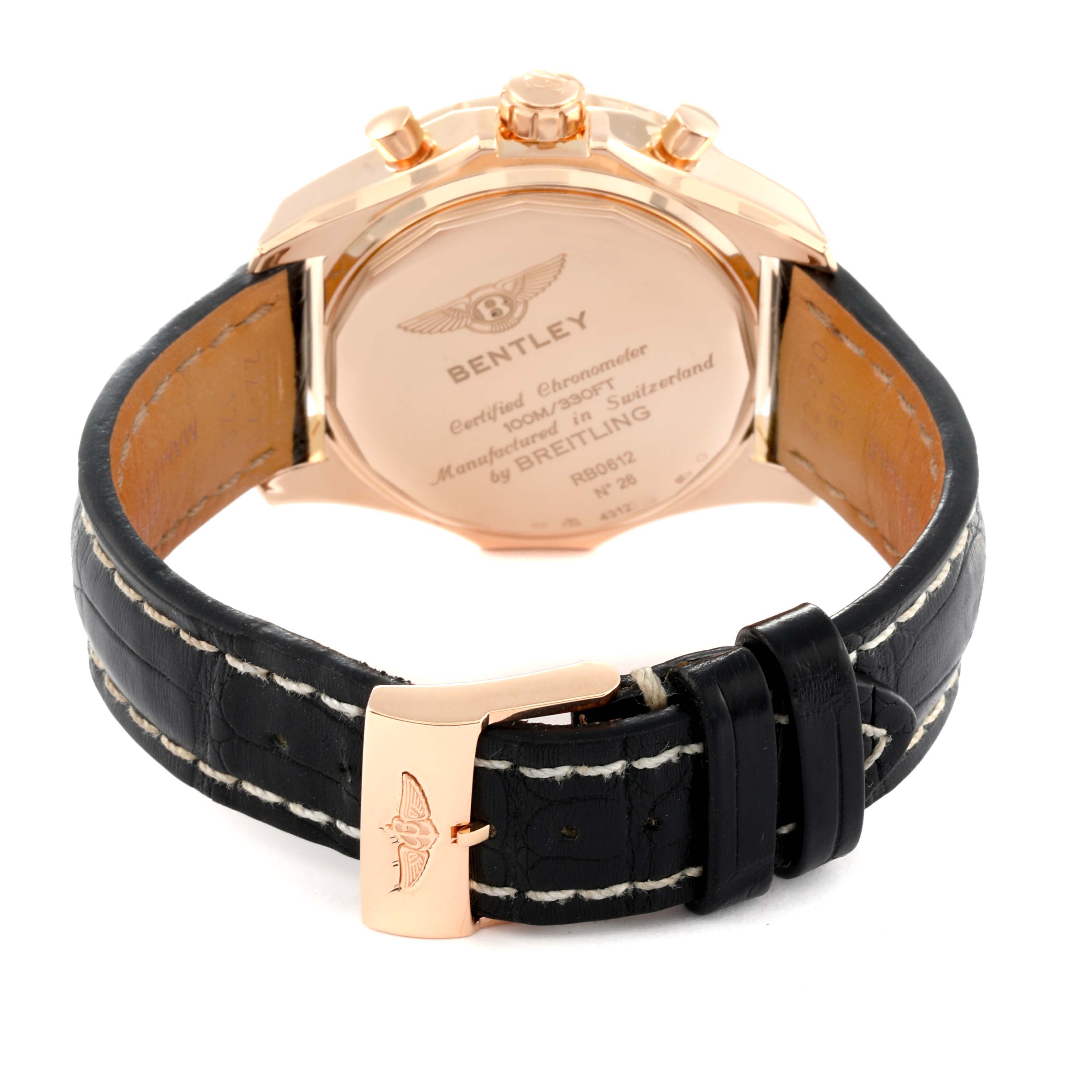 The image displays the back view of the Bentley model by Breitling, showcasing the caseback and leather strap.