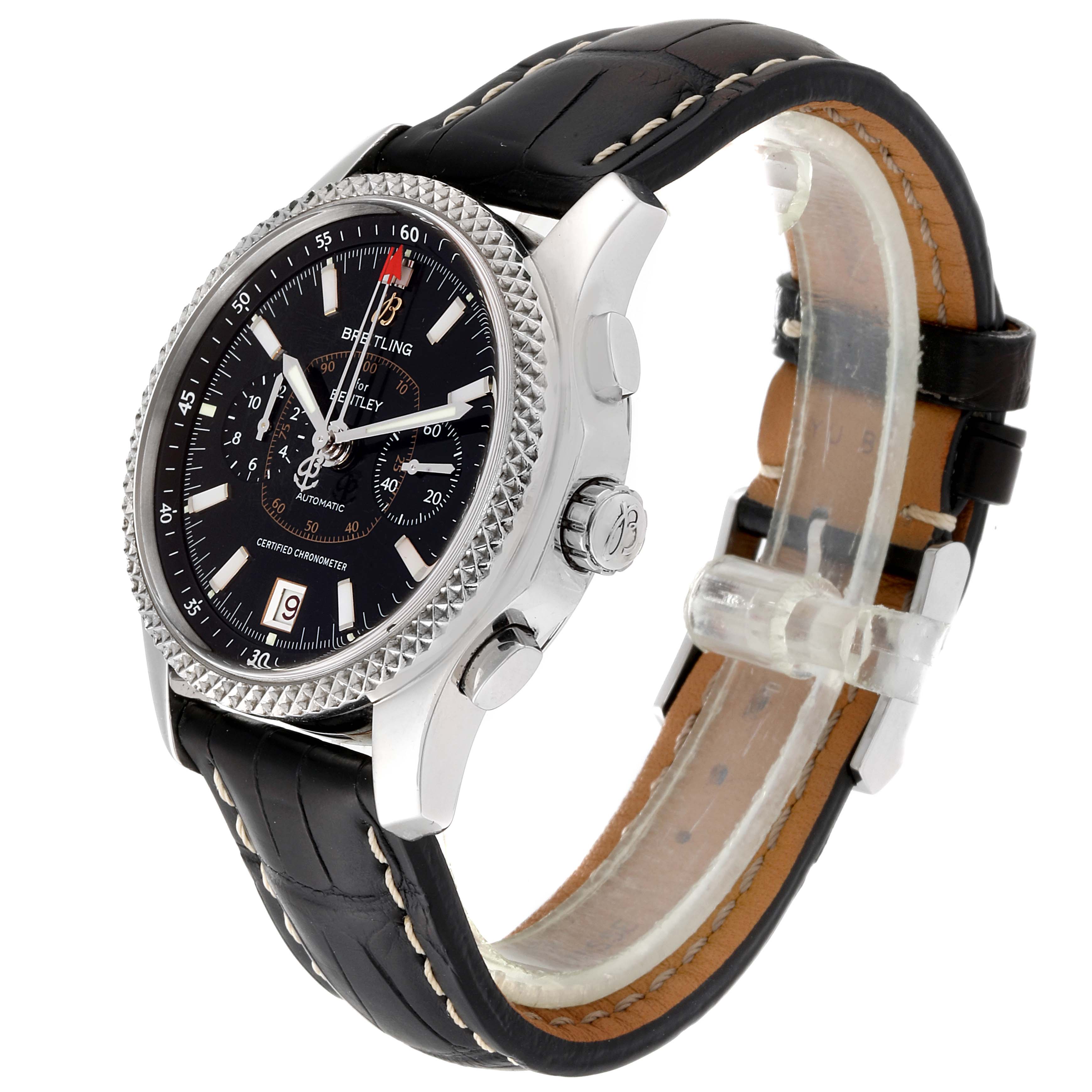 The image shows a side angle of a Breitling Bentley P26362 Men's Stainless Steel Black Dial P26362 Men's Stainless Steel Black Dial watch, highlighting the face, bezel, and black leather strap with stitching.