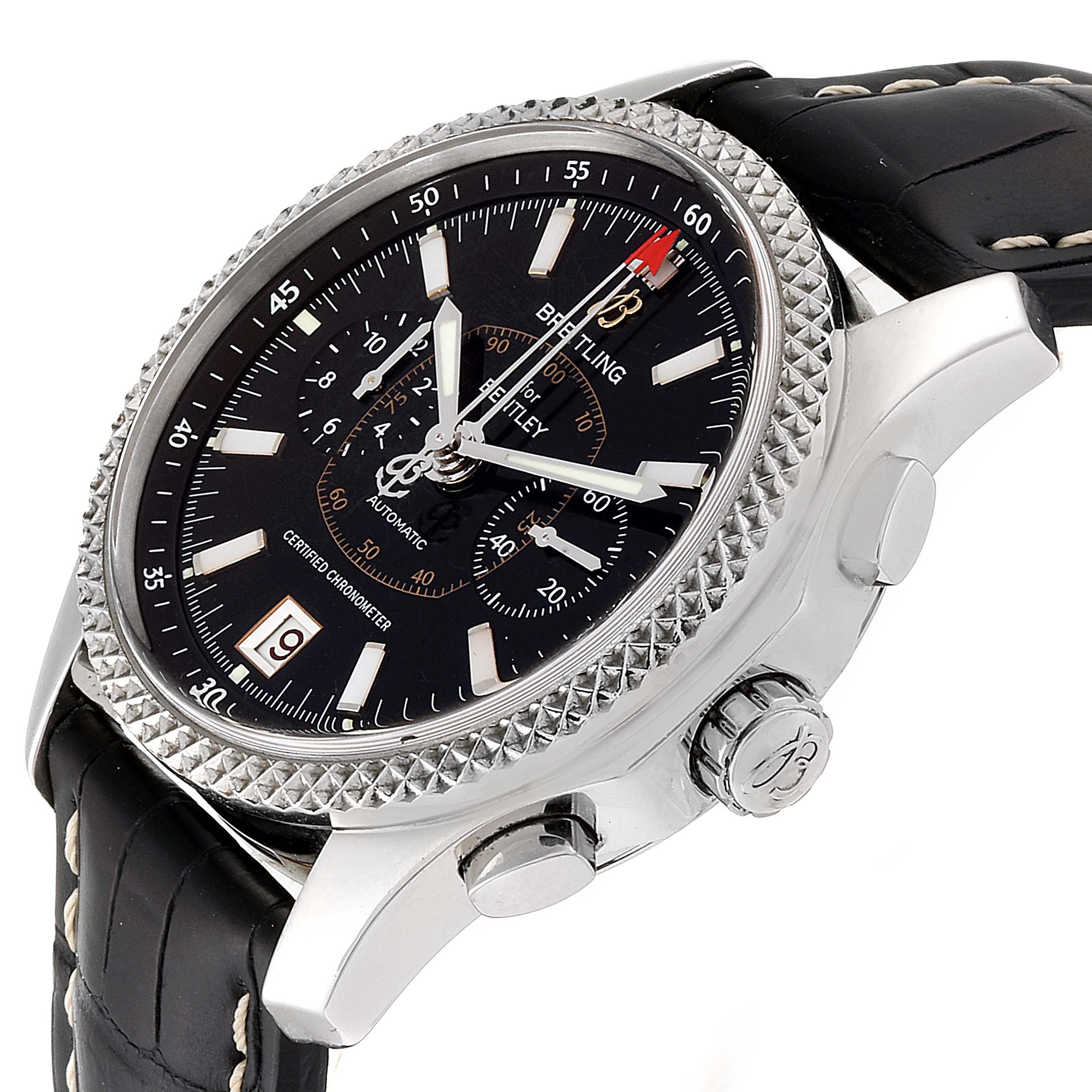 This Breitling Bentley P26362 Men's Stainless Steel Black Dial P26362 Men's Stainless Steel Black Dial watch is shown from a 3/4 angle, displaying the face, bezel, crown, pushers, and part of the leather strap.