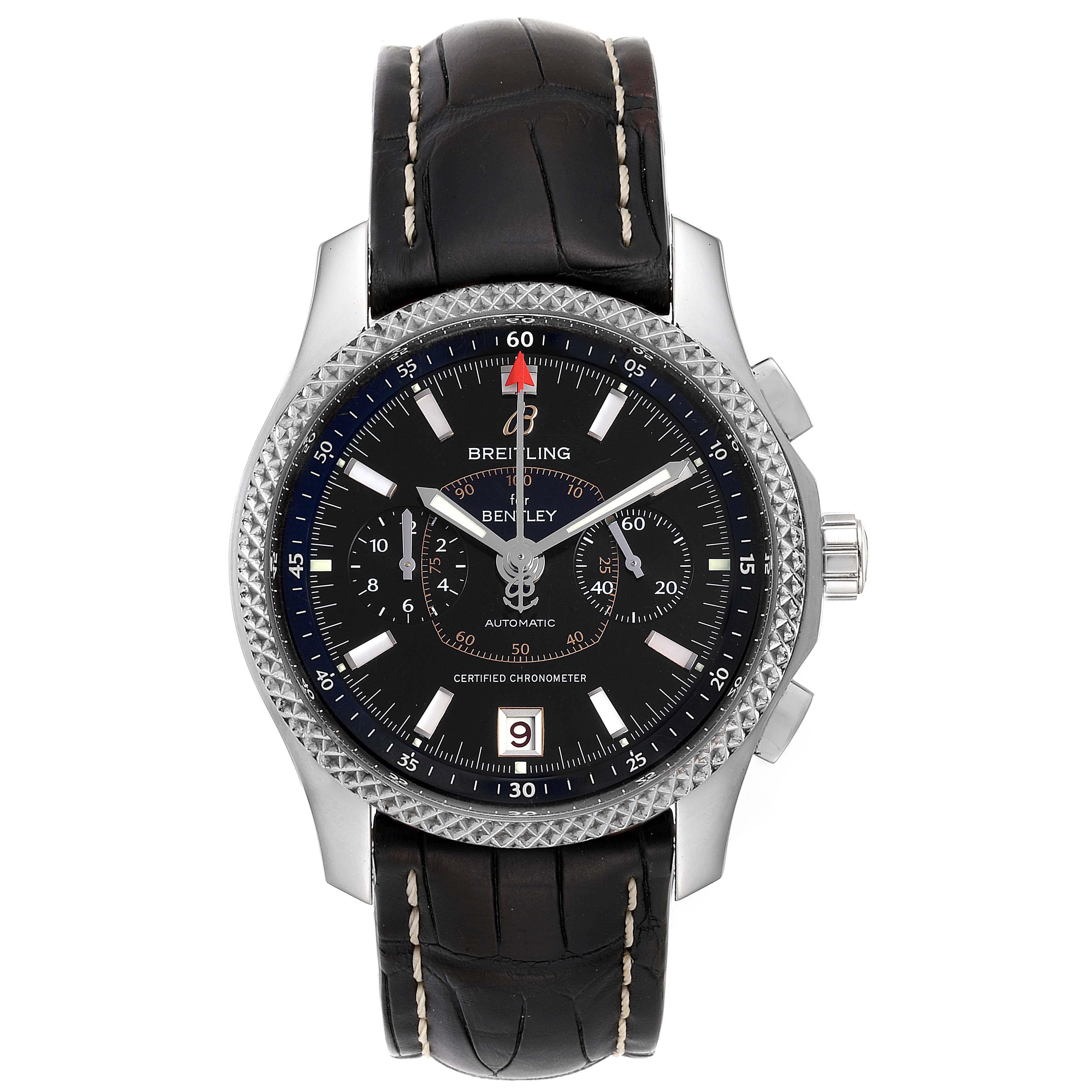 The image shows a front view of the Breitling Bentley P26362 Men's Stainless Steel Black Dial P26362 Men's Stainless Steel Black Dial watch, highlighting its dial, bezel, chronograph, and leather strap.