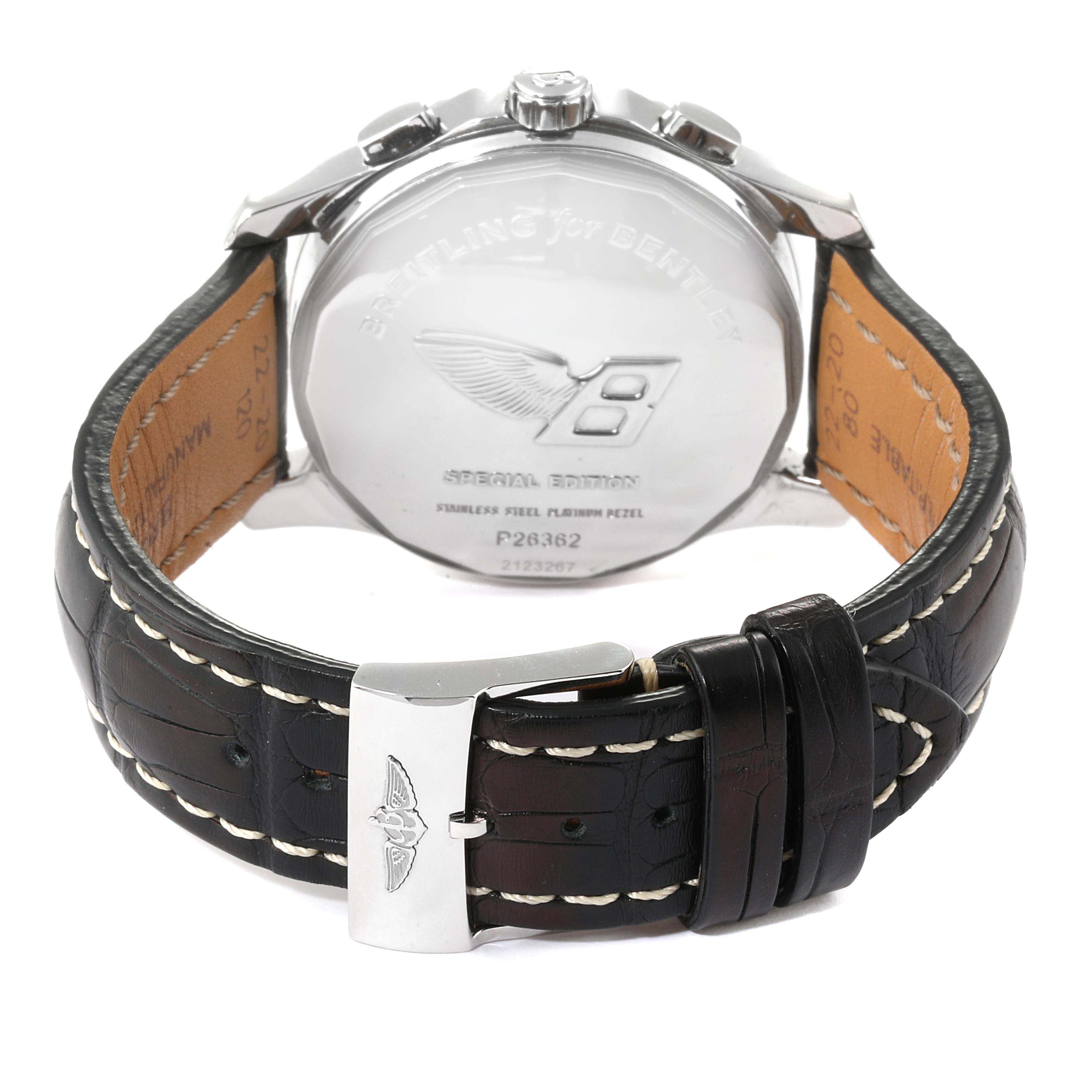 The image shows the back view of a Bentley model watch by Breitling, highlighting the back case and leather strap.
