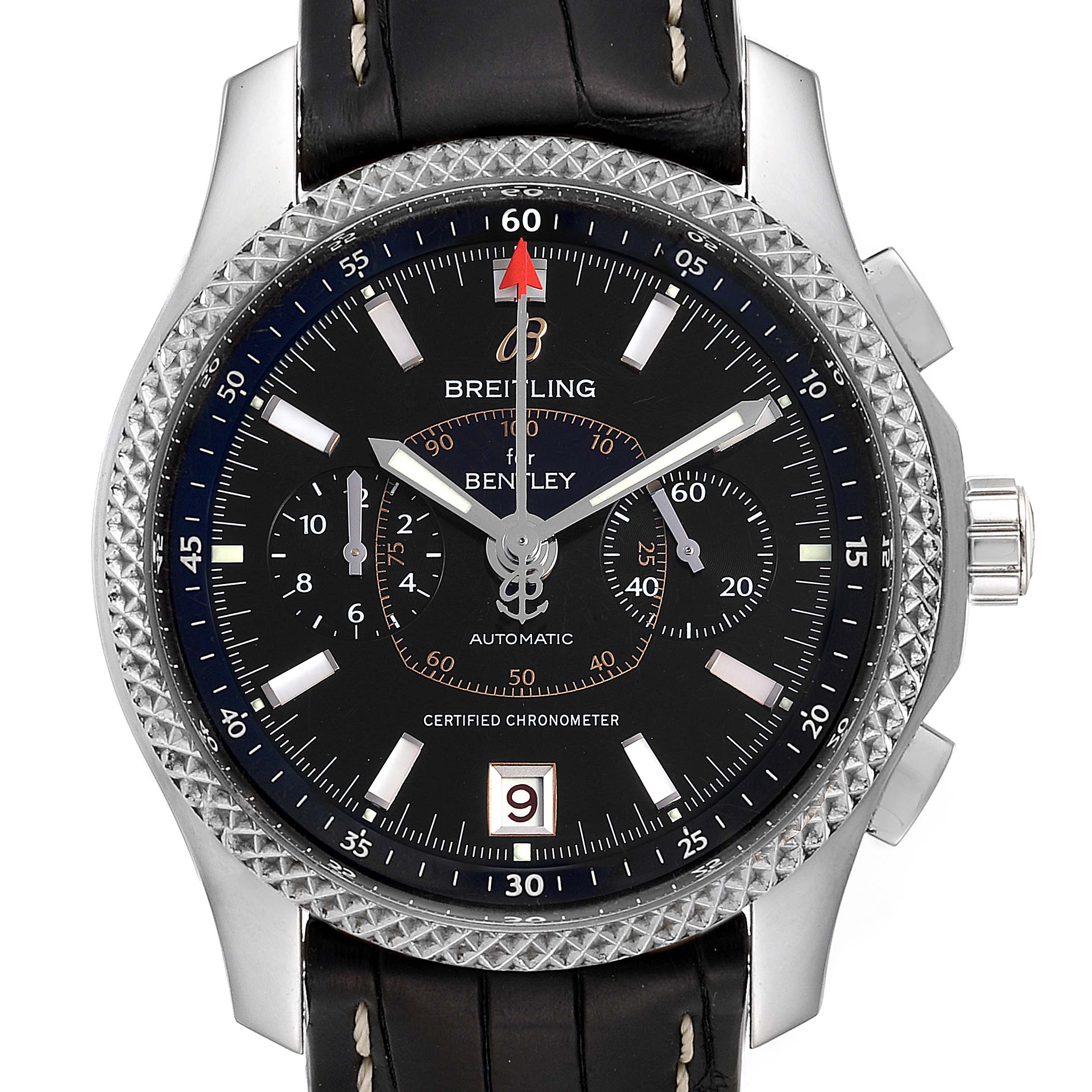 The Bentley model by Breitling is shown from a front angle, highlighting its dial, bezel, and part of the strap.