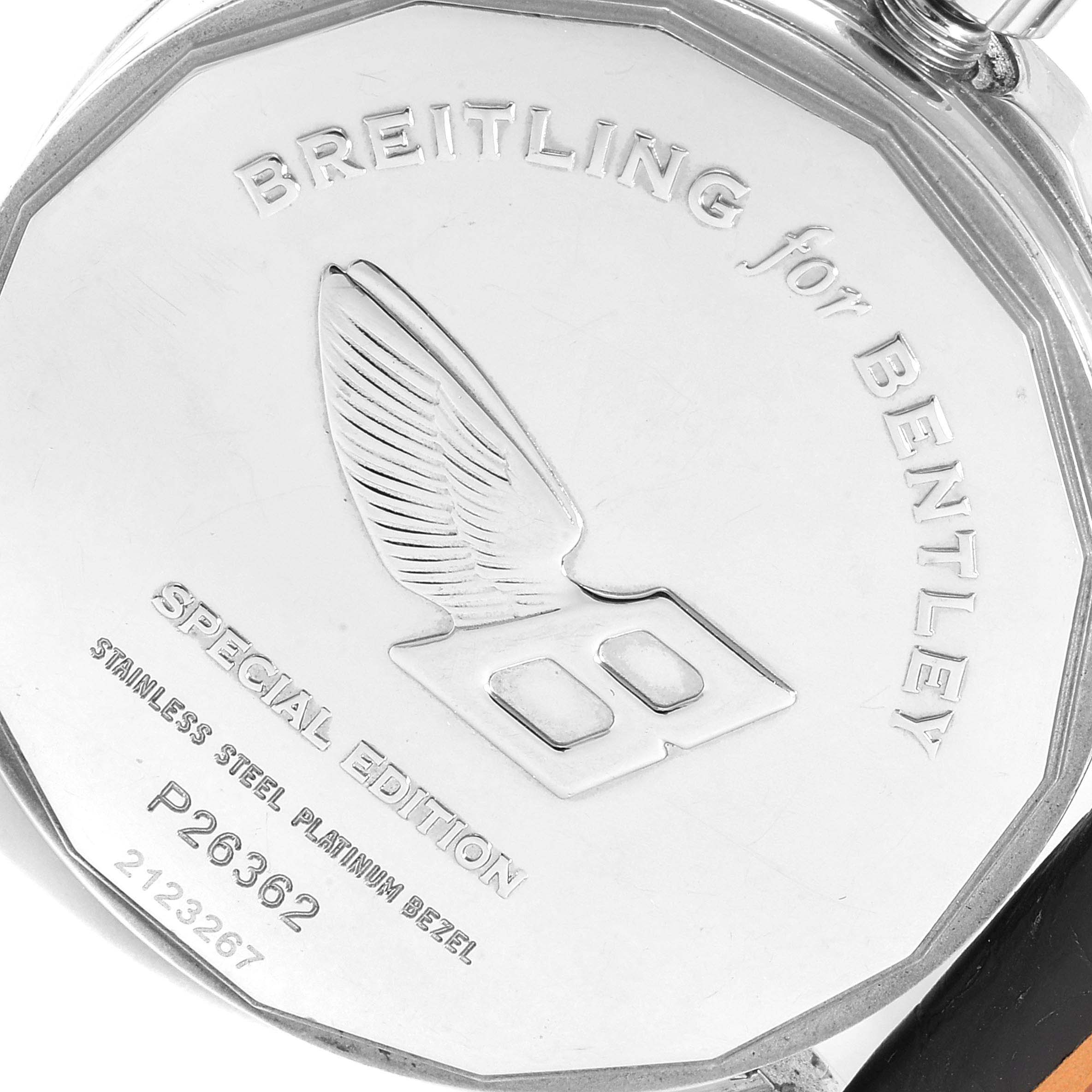 The image shows the back case of a Breitling Bentley P26362 Men's Stainless Steel Black Dial P26362 Men's Stainless Steel Black Dial model watch, highlighting inscriptions and logos.