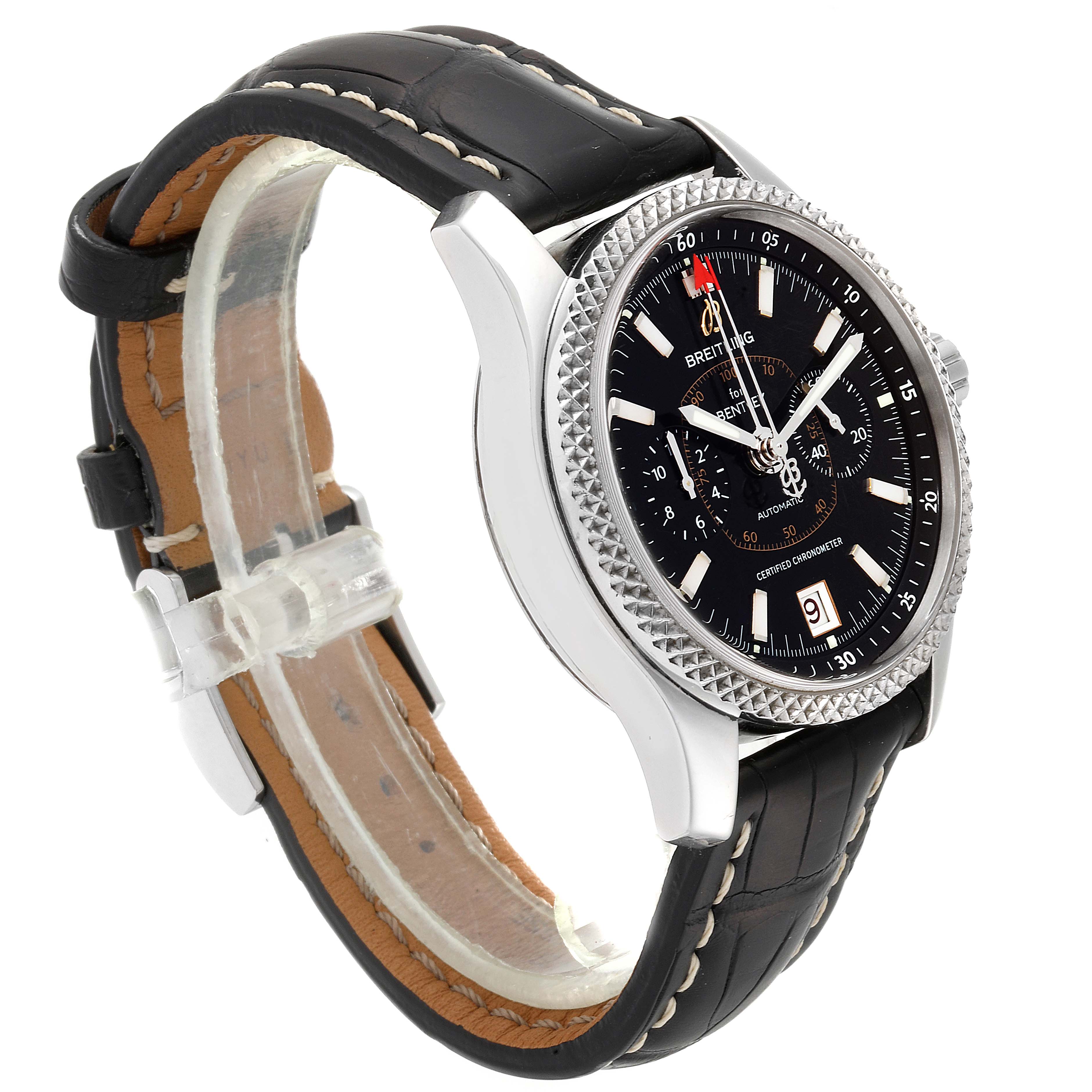 The Breitling Bentley P26362 Men's Stainless Steel Black Dial P26362 Men's Stainless Steel Black Dial watch is shown from a left-side angle, highlighting the face, case, bezel, and part of the leather strap.