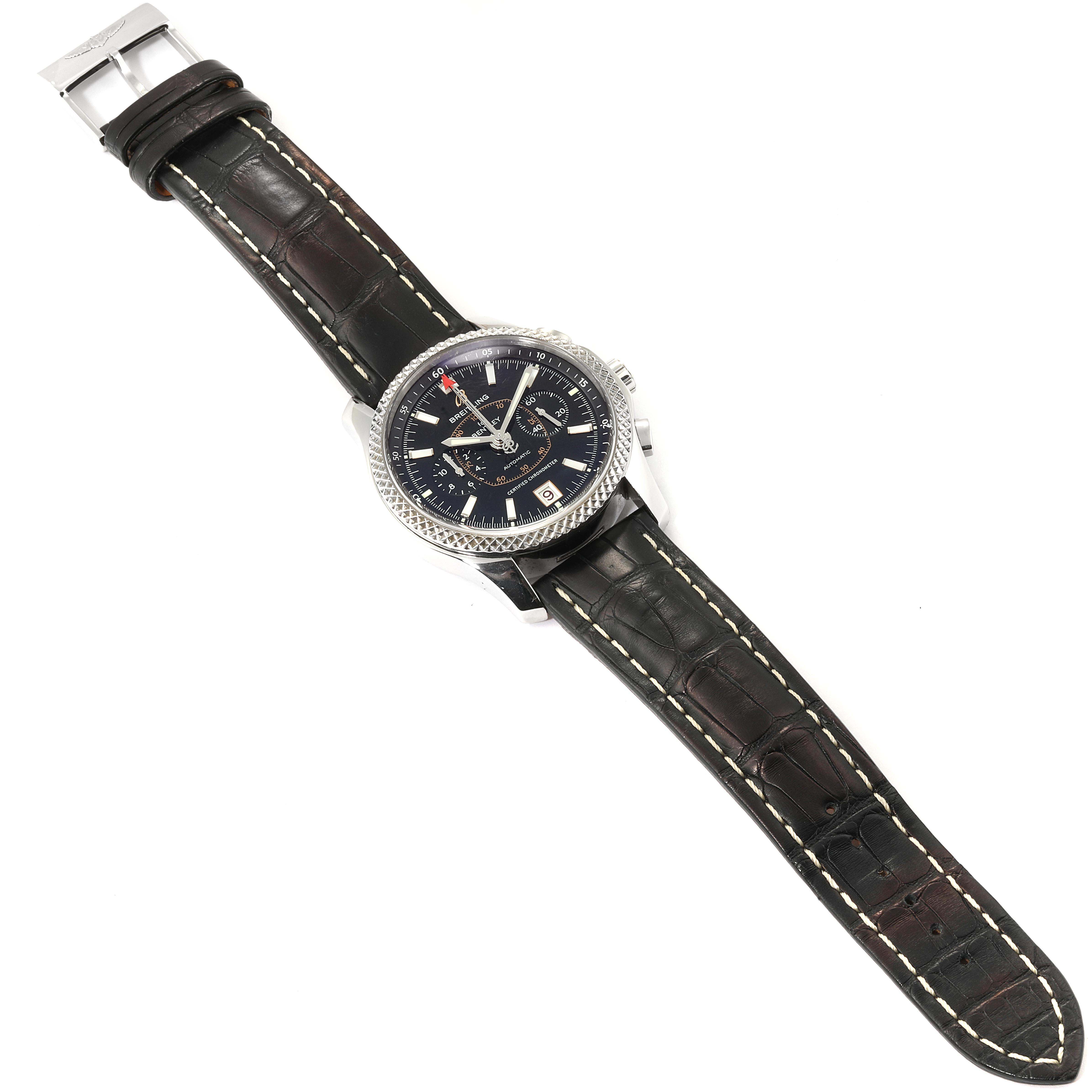 The image shows a full view of the Breitling Bentley P26362 Men's Stainless Steel Black Dial P26362 Men's Stainless Steel Black Dial model watch, including its dial, bezel, and leather strap, photographed from above.