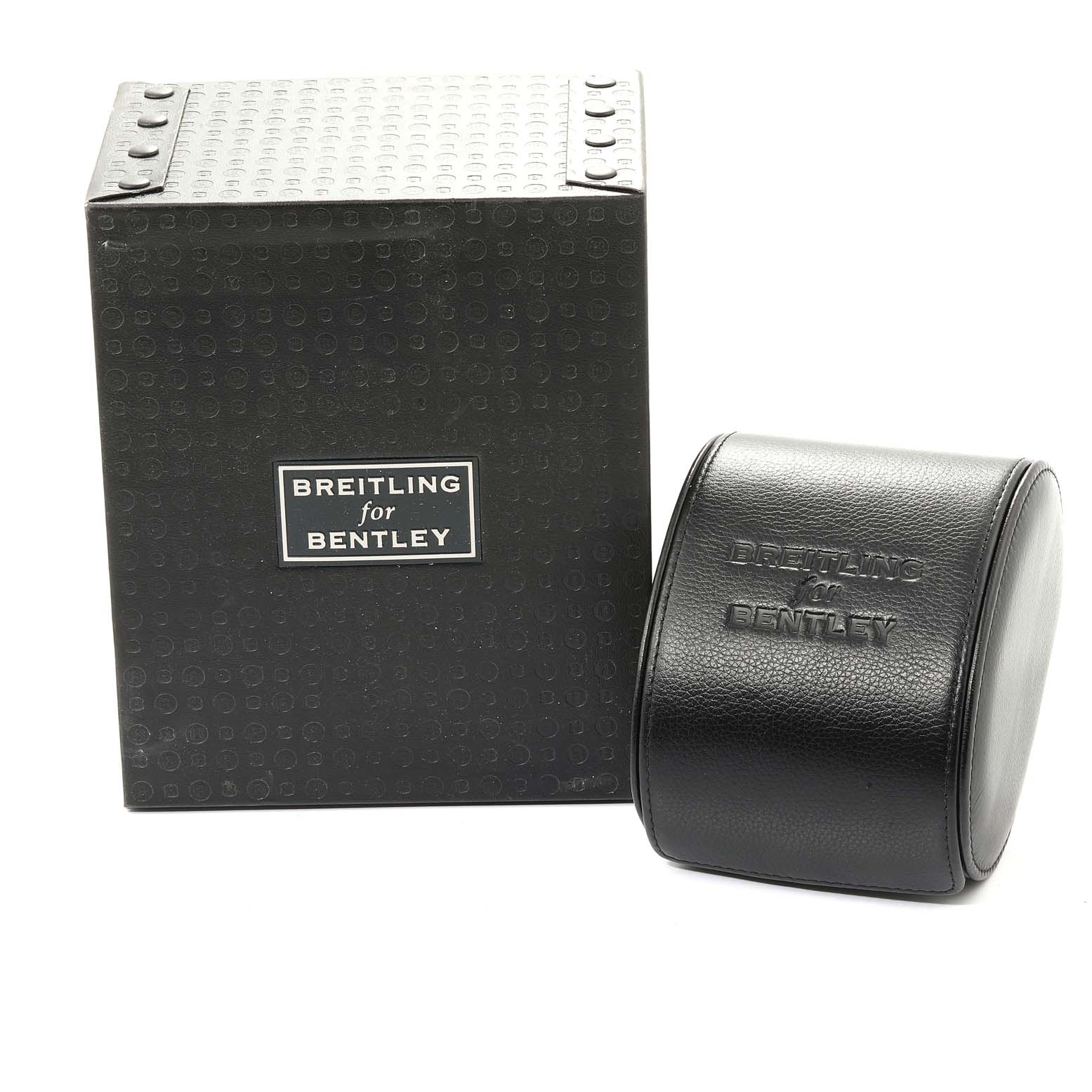 Image shows a black box and a leather case for a Breitling Bentley P26362 Men's Stainless Steel Black Dial P26362 Men's Stainless Steel Black Dial model watch.