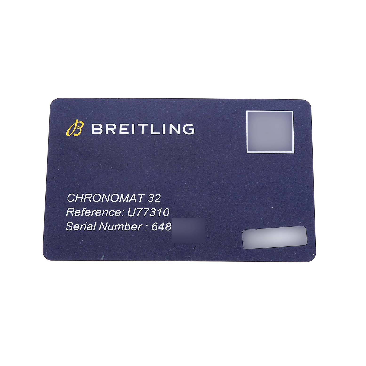 The image shows the authentication card for the Breitling A77310591A1A1 Womens Steel and Gold (two tone) Silver Dial Chronomat 32 Steel Rose Gold Ladies Watch, model A77310.