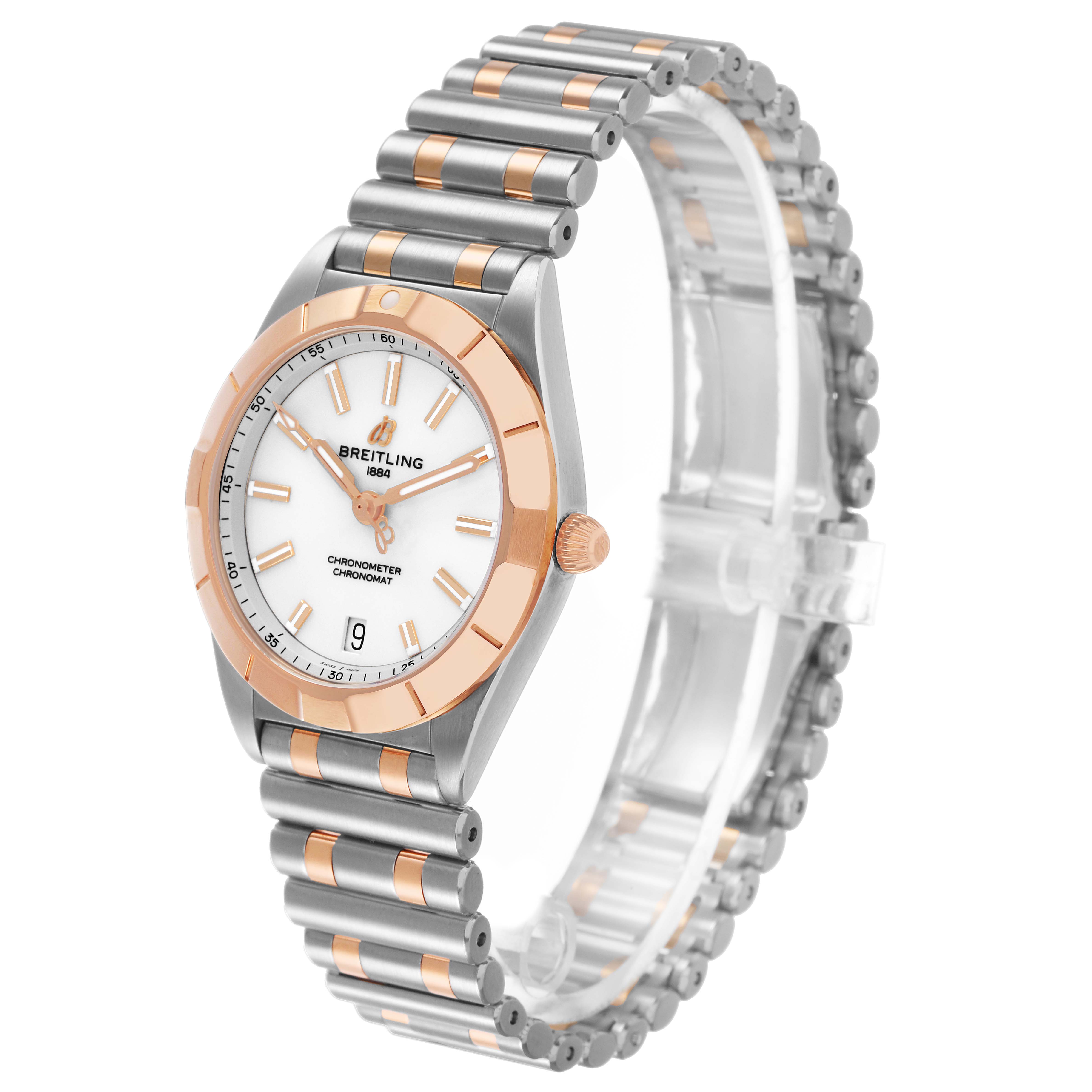 The Breitling A77310591A1A1 Womens Steel and Gold (two tone) Silver Dial Chronomat 32 Steel Rose Gold Ladies Watch is shown at a side angle, highlighting the bezel, dial, and bracelet.