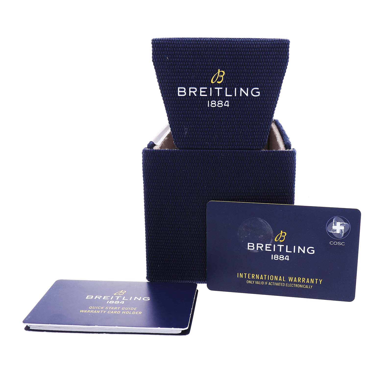The image features the box and warranty cards for the Breitling A77310591A1A1 Womens Steel and Gold (two tone) Silver Dial Chronomat 32 Steel Rose Gold Ladies Watch A77310.