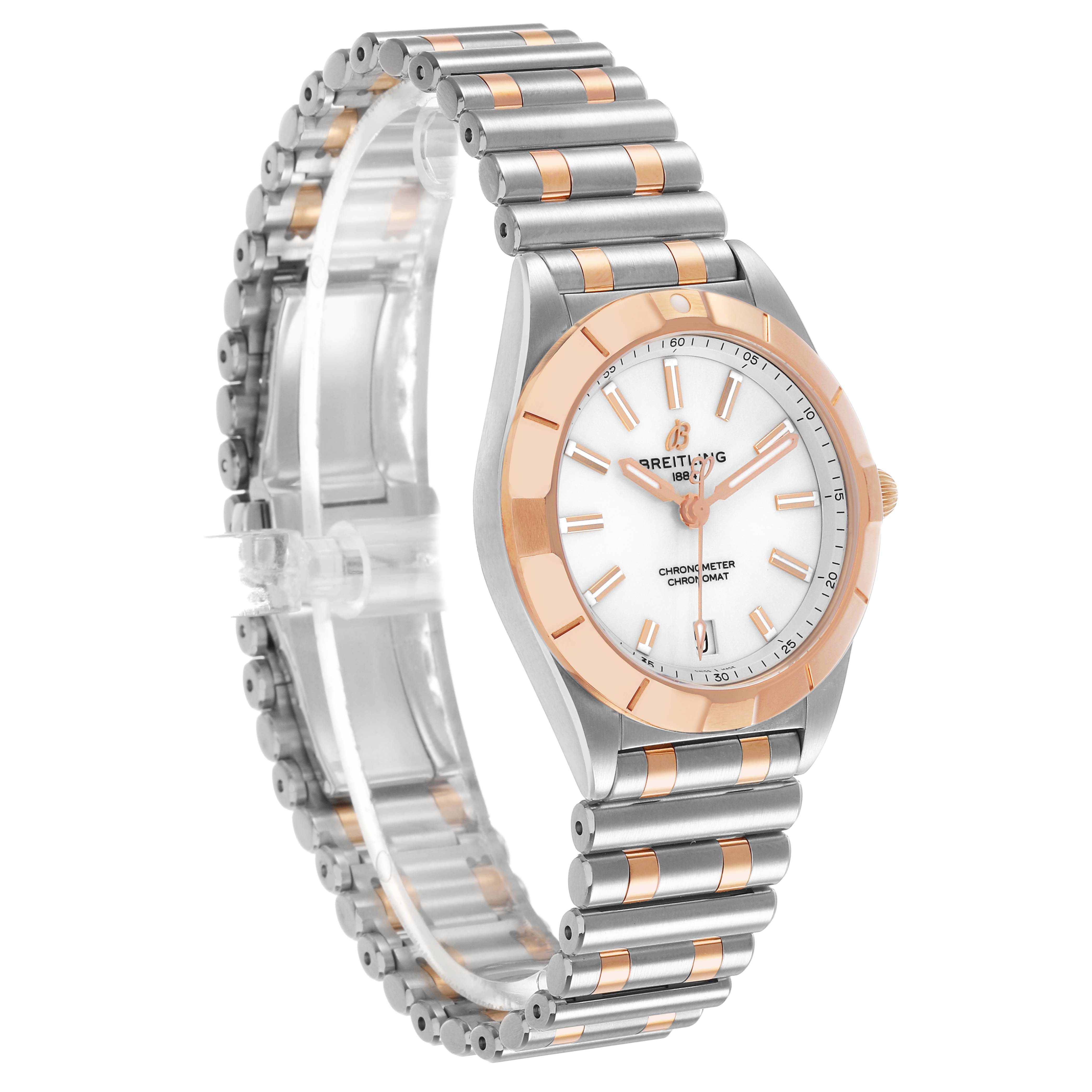The Breitling A77310591A1A1 Womens Steel and Gold (two tone) Silver Dial Chronomat 32 Steel Rose Gold Ladies Watch A77310 is shown at a three-quarter angle highlighting the face, bezel, and bracelet.