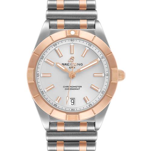 The Breitling A77310591A1A1 Women's Steel and Gold (two tone) Silver Dial Chronomat 32 Steel Rose Gold Ladies Watch A77310 is shown from a front angle, highlighting the bezel, dial, and bracelet.