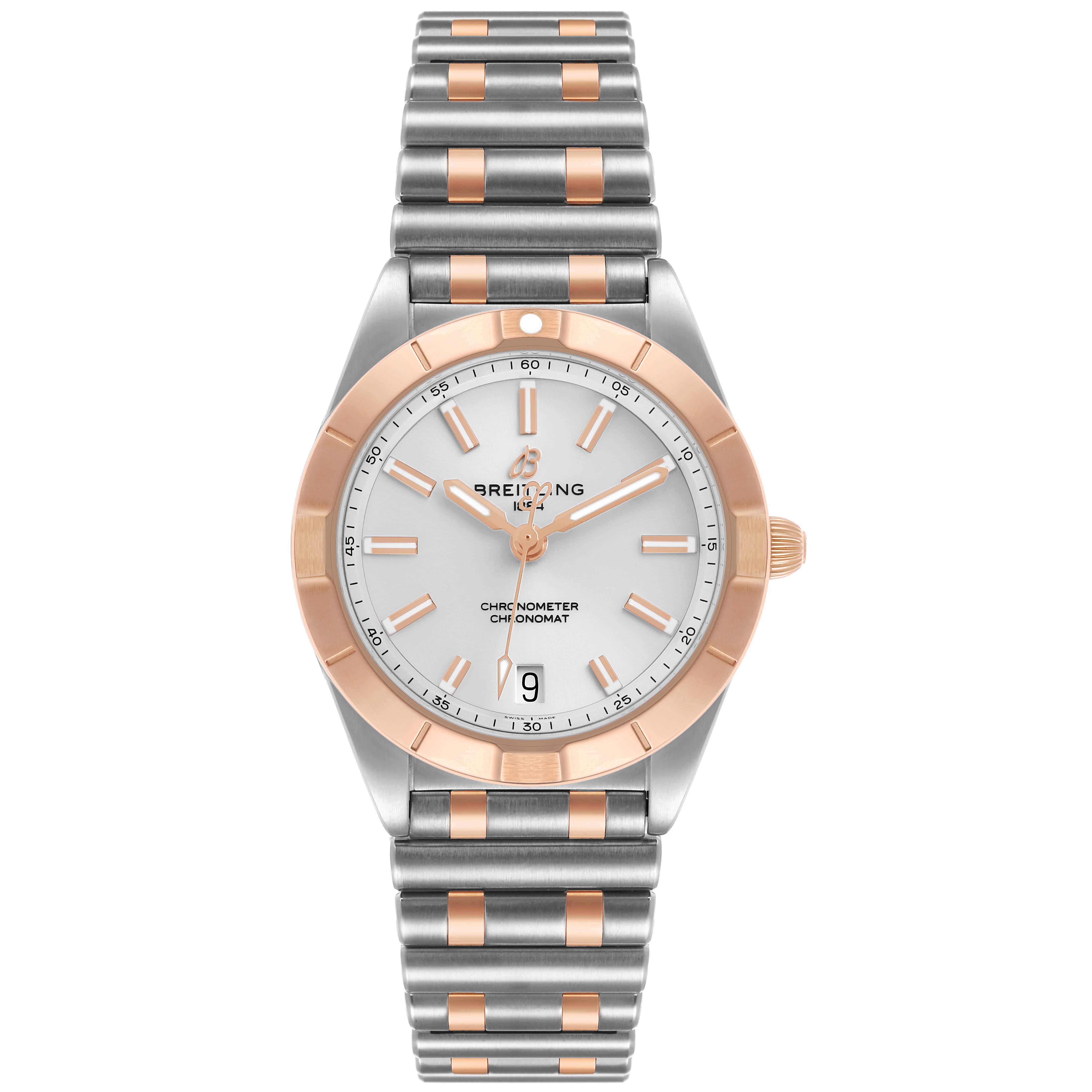 The Breitling A77310591A1A1 Womens Steel and Gold (two tone) Silver Dial Chronomat 32 Steel Rose Gold Ladies Watch A77310 is shown from a top view, displaying the dial, bezel, and bracelet.