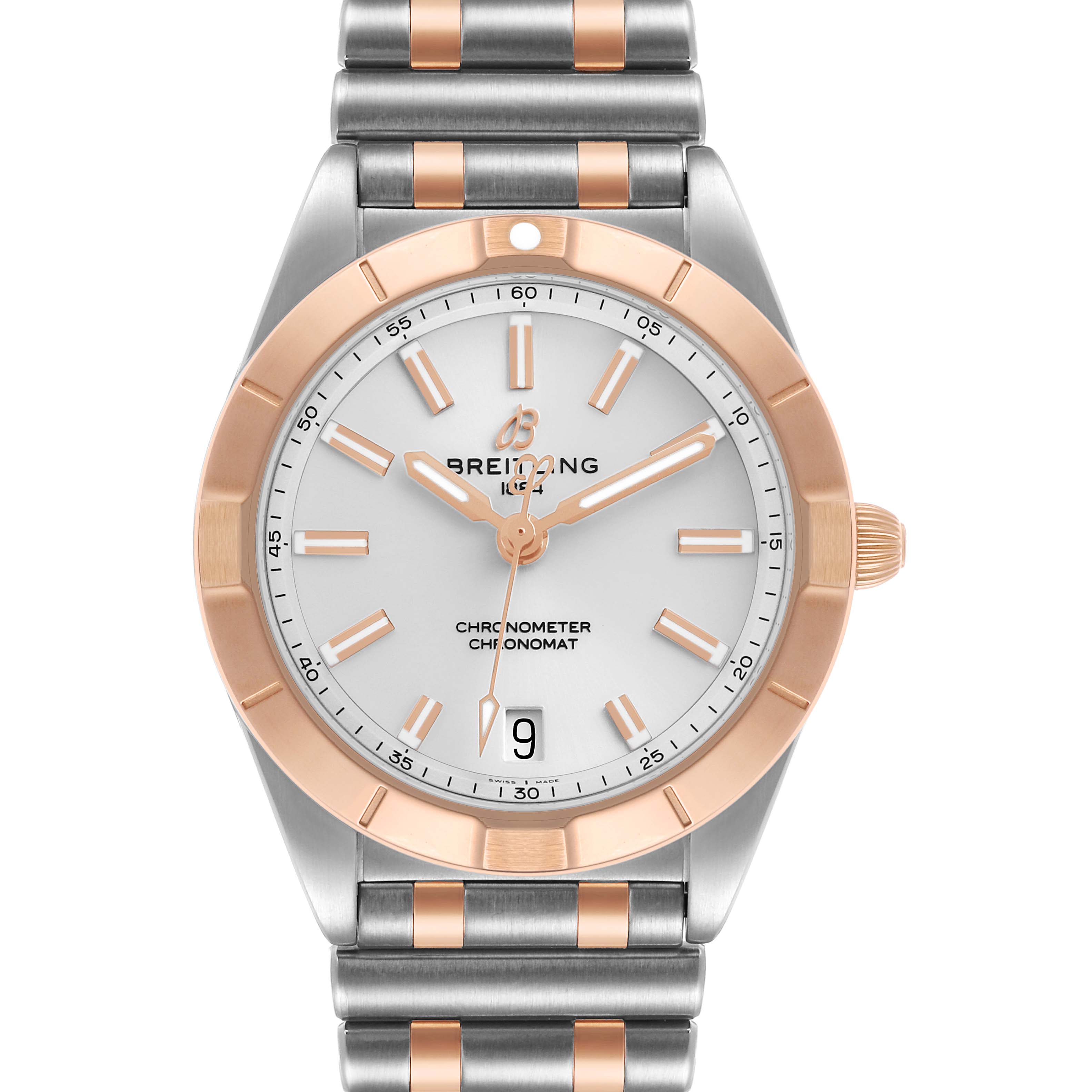 The Breitling A77310591A1A1 Womens Steel and Gold (two tone) Silver Dial Chronomat 32 Steel Rose Gold watch is shown from the front, highlighting the dial, bezel, and bracelet.