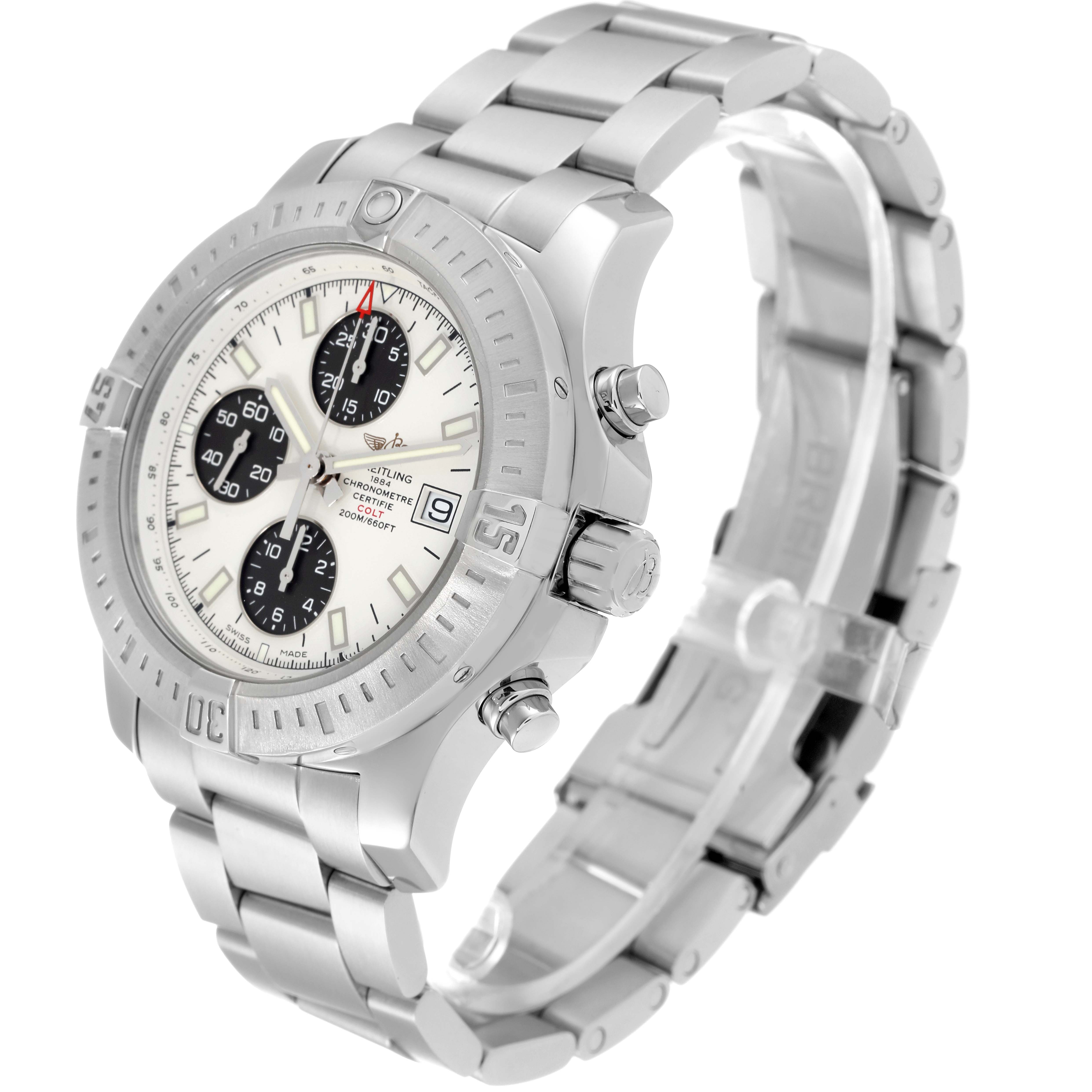 This image shows a Breitling Colt A13388 Men's Stainless Steel White Dial A13388 Men's Stainless Steel White Dial watch in a three-quarter angle, highlighting the face, stainless steel bracelet, and side buttons.