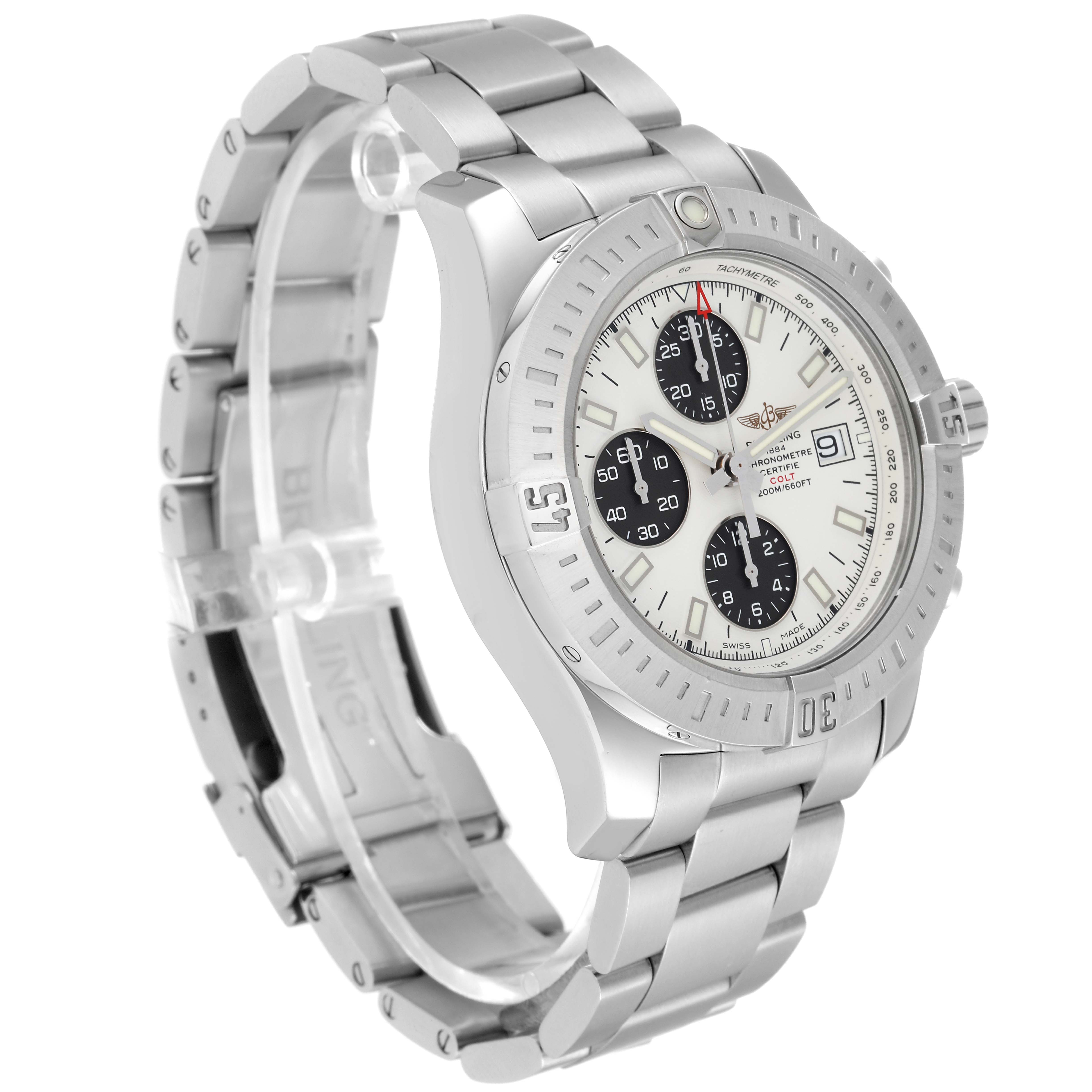 This is a side-angle view of a Breitling Colt A13388 Men's Stainless Steel White Dial A13388 Men's Stainless Steel White Dial watch, showing the face, bezel, and stainless steel bracelet clearly.