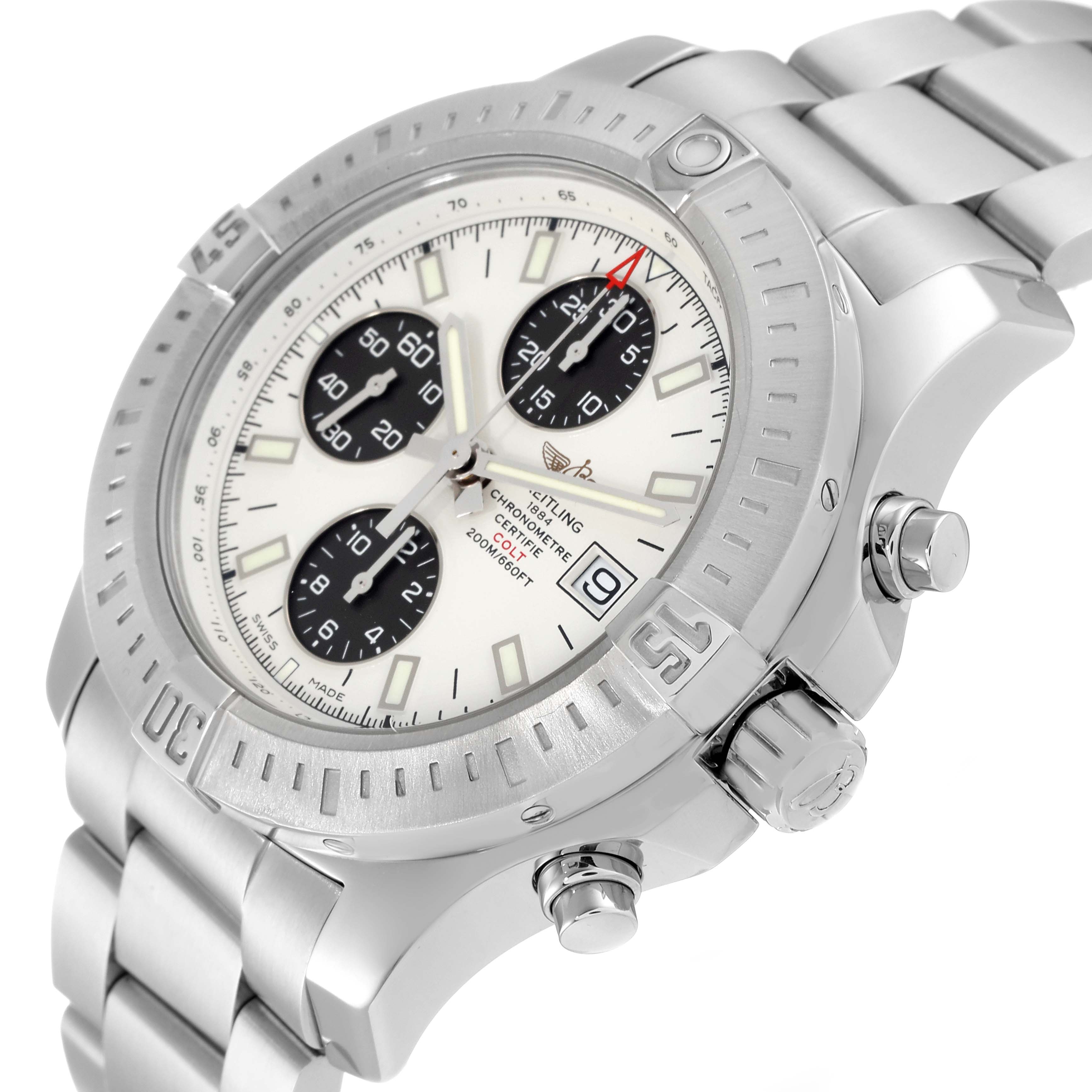 The image shows a Breitling Colt A13388 Men's Stainless Steel White Dial A13388 Men's Stainless Steel White Dial watch at an angled view, highlighting its dial, bezel, crown, pushers, and bracelet.