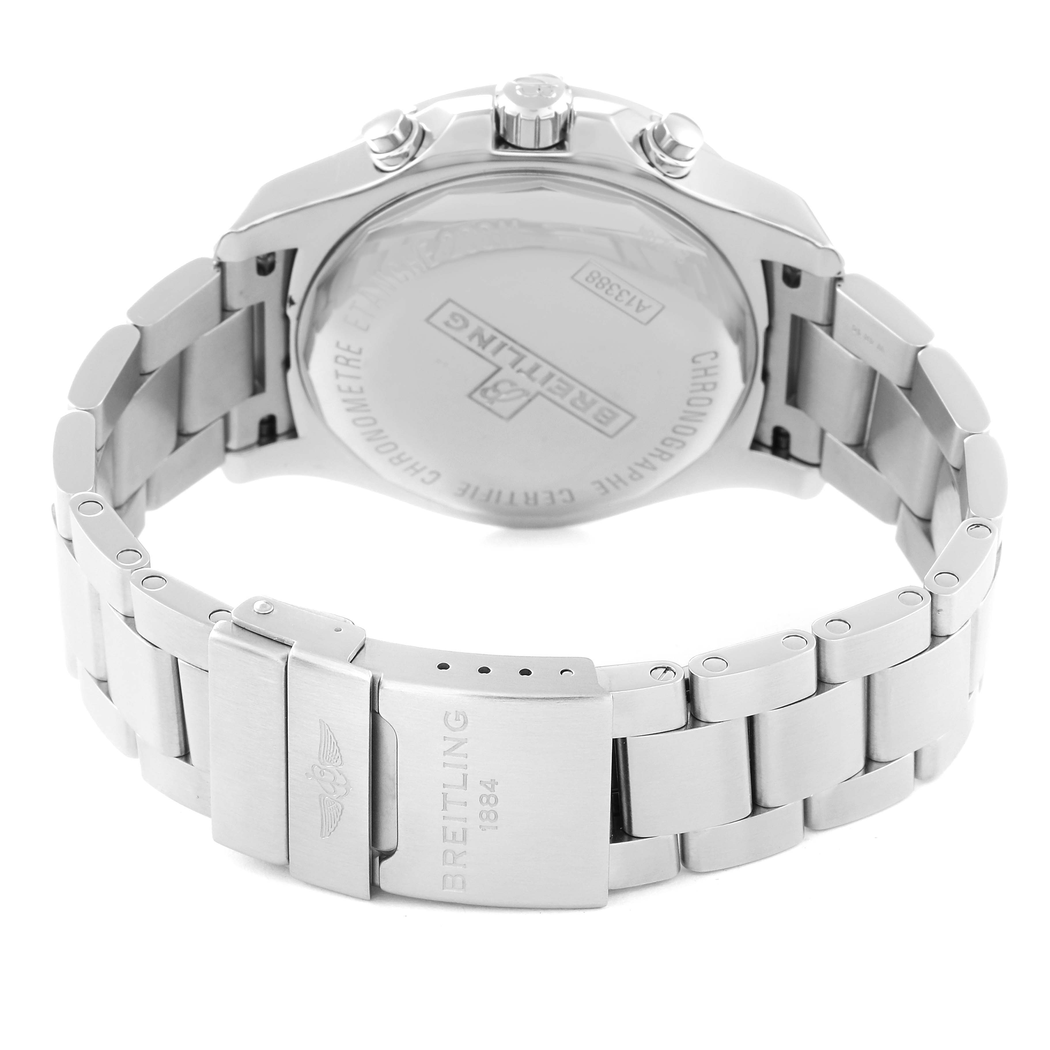 The photo shows the back case and metal bracelet of a Breitling Colt A13388 Men's Stainless Steel White Dial A13388 Men's Stainless Steel White Dial watch, highlighting the clasp and brand engraving.