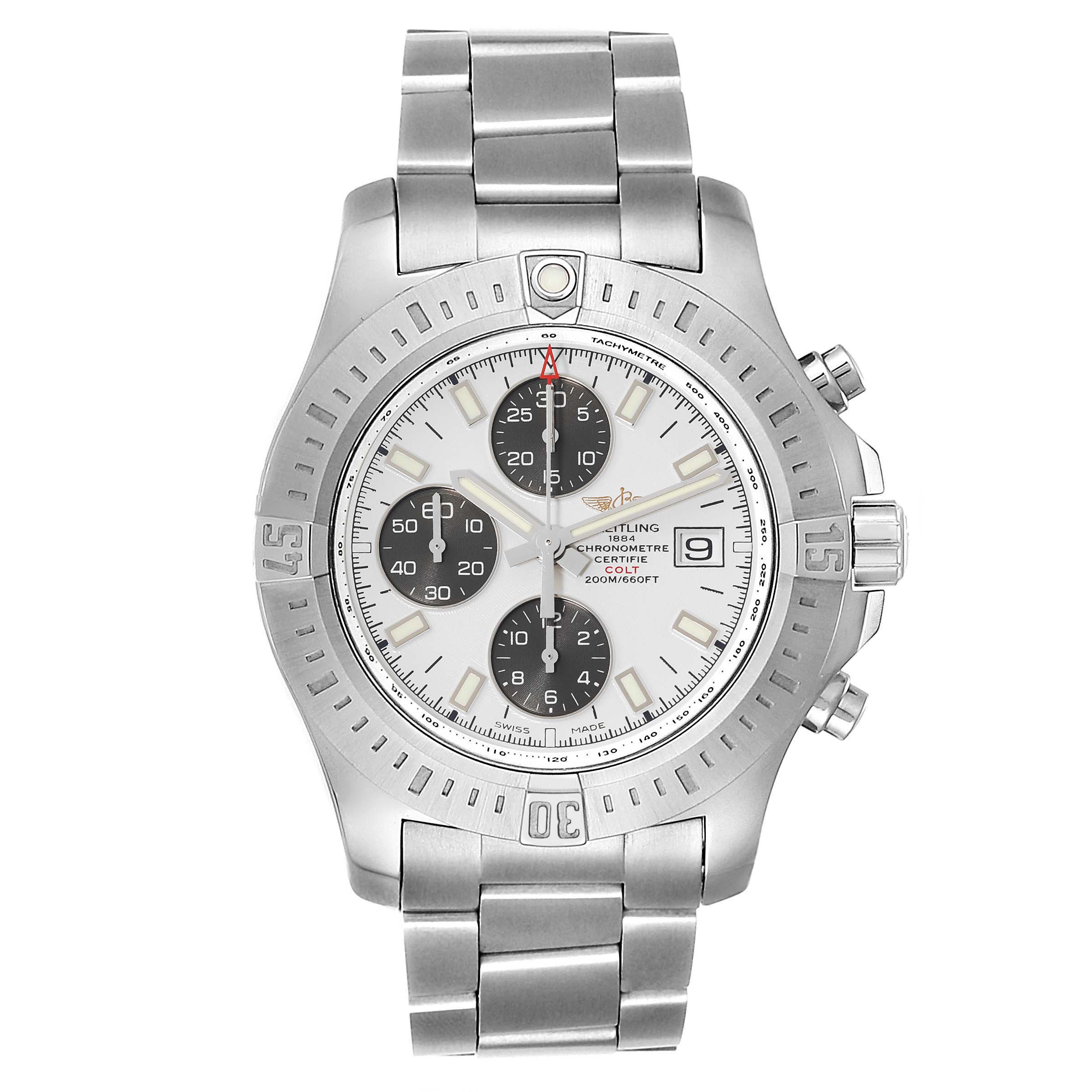 The image shows a frontal view of the Breitling Colt A13388 Men's Stainless Steel White Dial A13388 Men's Stainless Steel White Dial watch, displaying its dial, bezel, chronograph subdials, and stainless steel bracelet.