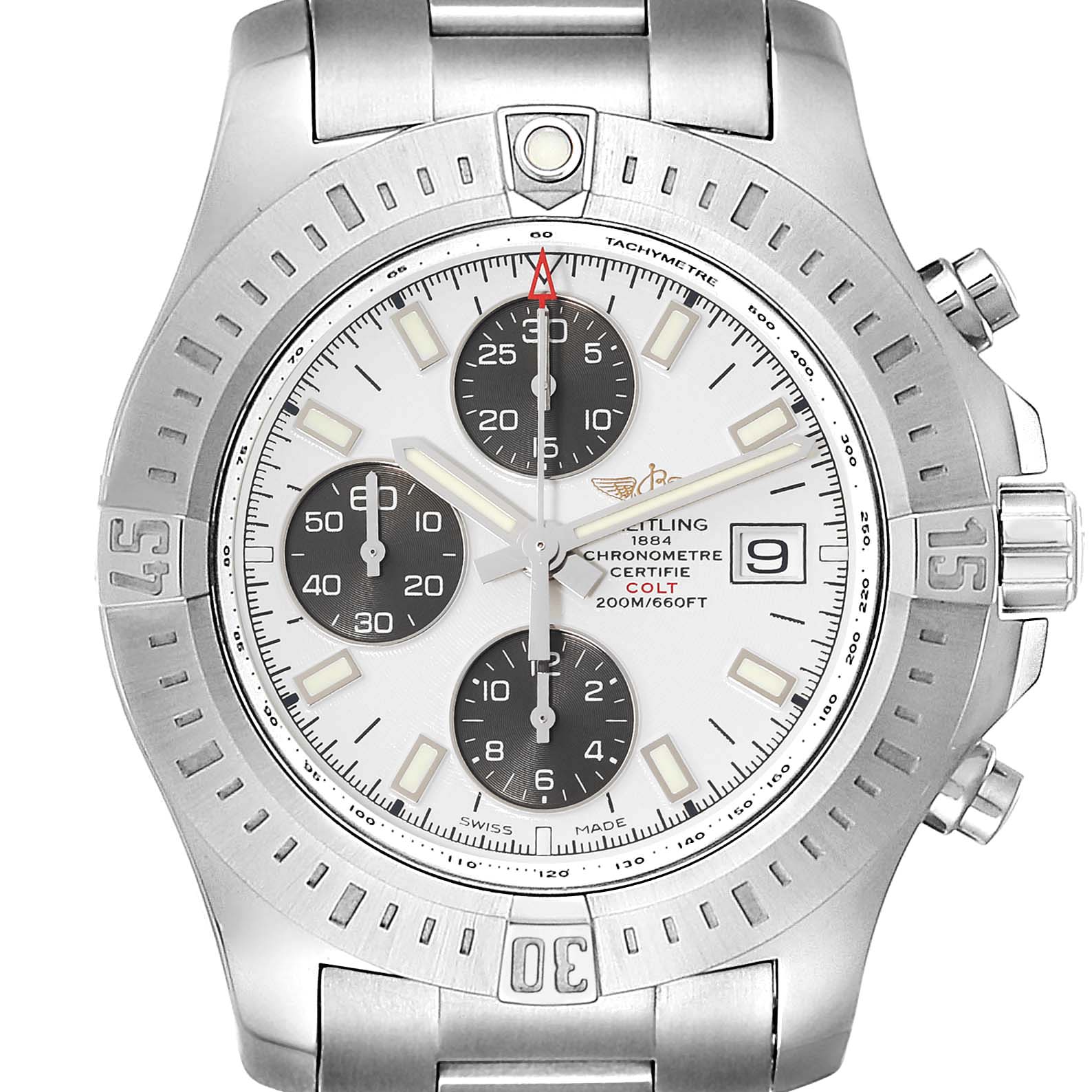 The Breitling Colt A13388 Men's Stainless Steel White Dial A13388 Men's Stainless Steel White Dial watch is shown from the front, displaying the dial, bezel, chronograph subdials, and part of the bracelet.