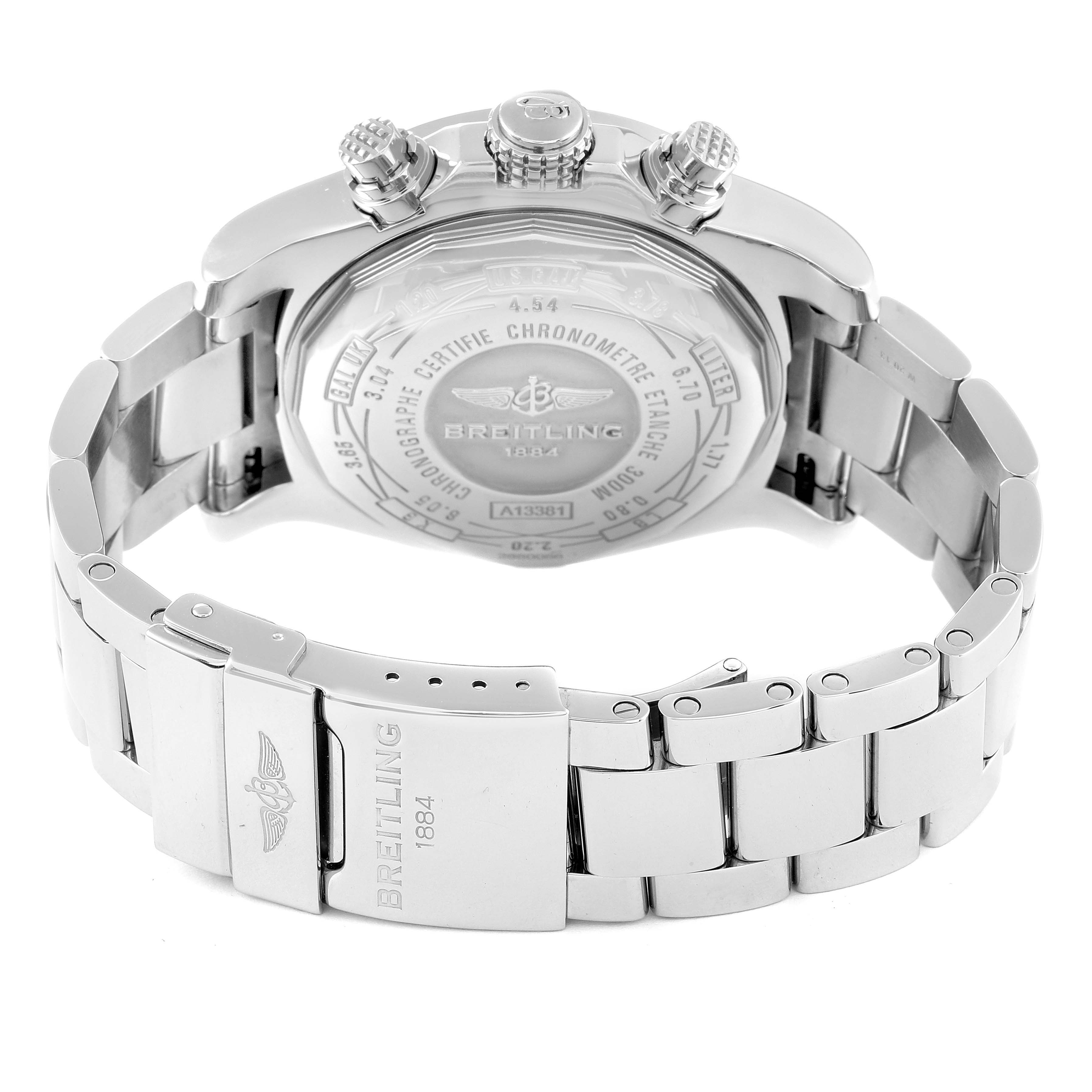 The image shows the back and side of the Breitling Avenger A13381 Men's Stainless Steel Blue Dial A13381 Men's Stainless Steel Blue Dial watch, highlighting its clasp, bracelet, and case back.